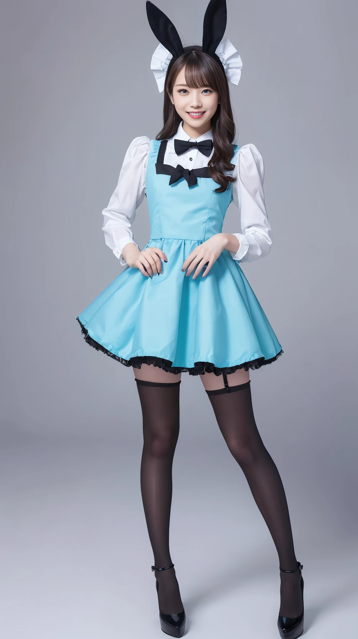 Bunny girl in a light blue maid outfit:1.5,Wearing black tights:1.5,The best smile:1.5,Full Body Shot:1.5,Gray background:1.5,Wearing black high heels:1.5,Top view:1.5