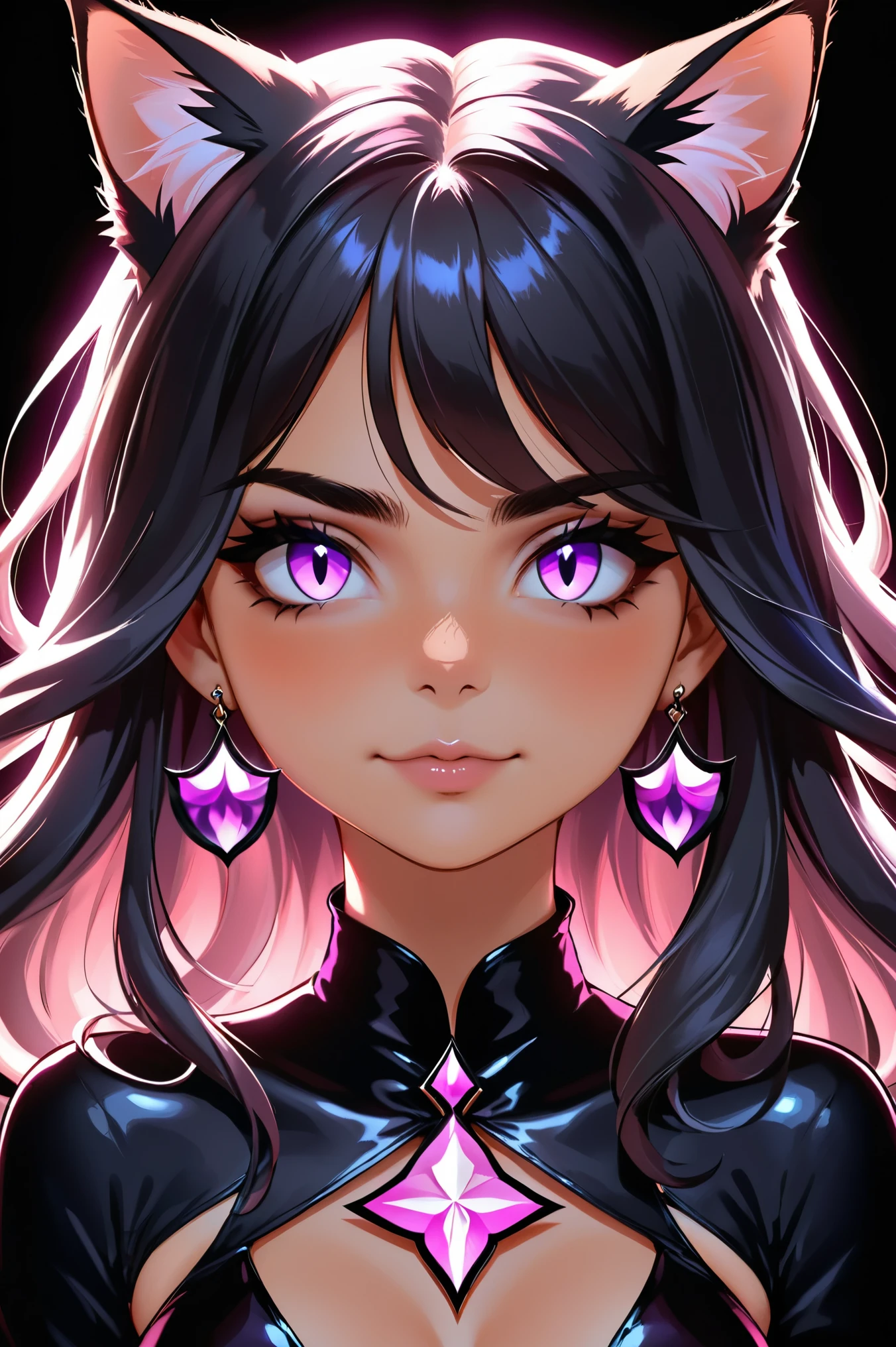 puntaje_9, puntaje_8_arriba, puntaje_7_arriba, puntaje_6_arriba, puntaje_5_arriba, retrato 8K, black light background girl with cat ears long hair, con coletas y flequillo, ojos rojos. imagen oscurecida, halo brillante alrededor del borde, Sombra al frente, luz de tecla trasera, 50mm, dicromático, Vidrio y negro, de otro mundo, high resolution.