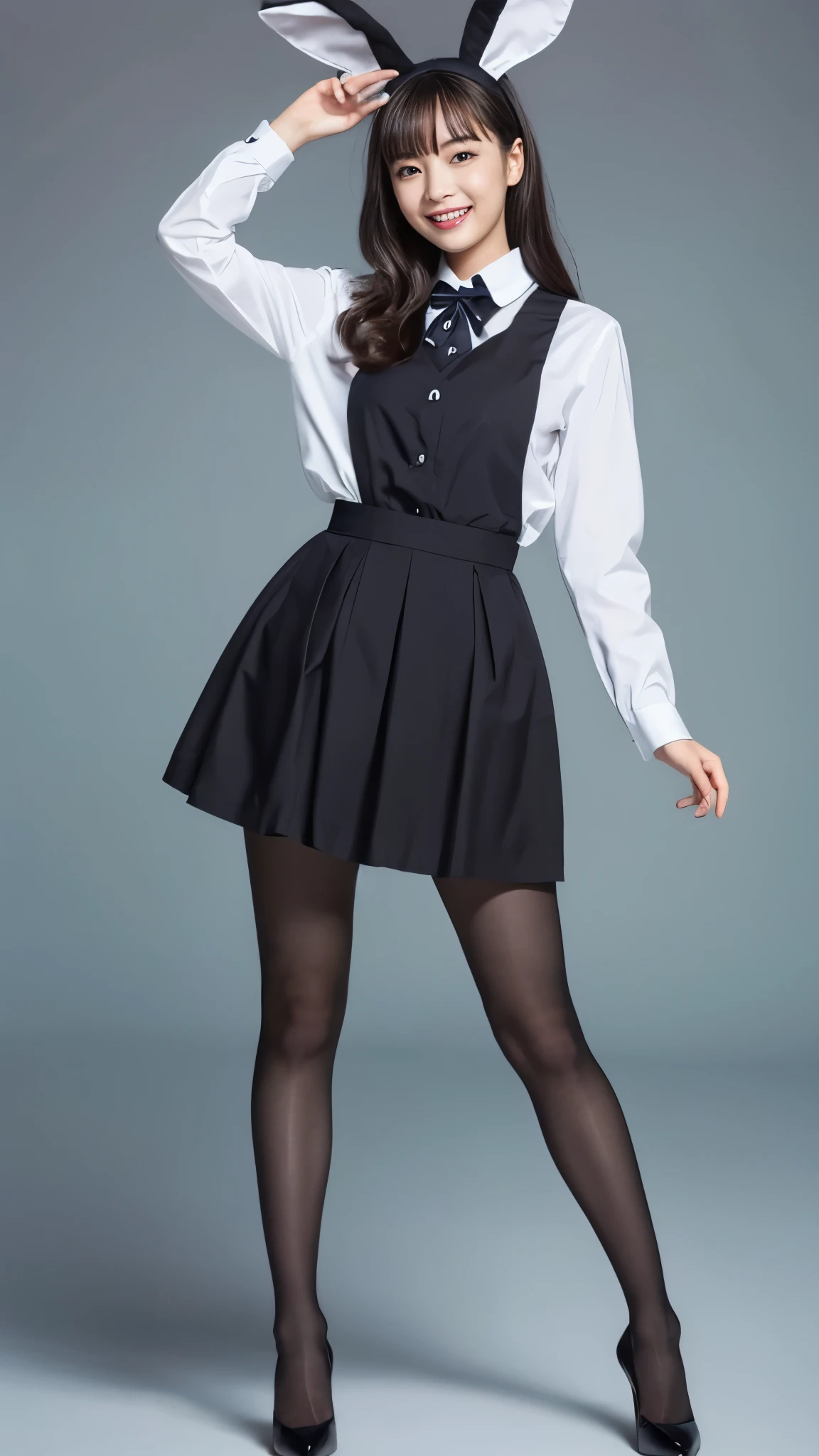 Bunny girl in maid clothes:1.5，Wearing black tights:1.5，The best smile:1.5，Full Body Shot:1.5，Gray background:1.5，Wearing black high heels:1.5，Fluttering mini skirt:1.5