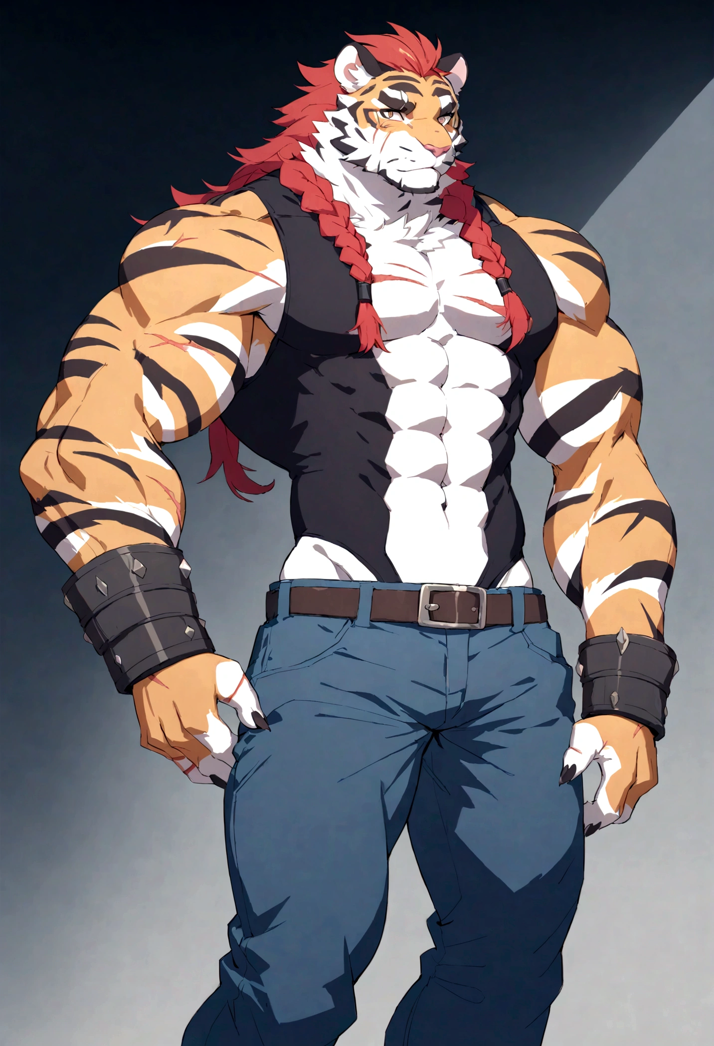 an imposing, muscualar male furry tiger man, skinny, athletic, wearing leather fingerless gauntlets, has long braided dreadlocks, has scars and tattoos, wearing tattered jeans