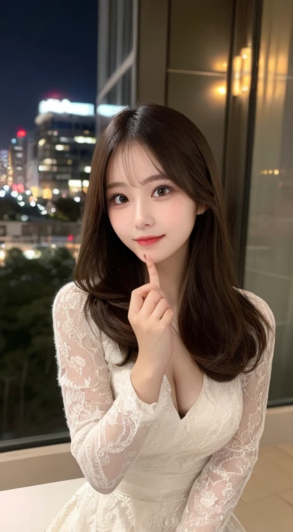 table top, highest quality, shape, Super detailed, finely, High resolution, 8k wallpaper, Perfect dynamic composition, beautiful and detailed eyes, classy and gorgeous winter dress,straight hair,,natural color lip,smile,20 year old girl、cute、Sexy looking at camera,Always blur the background,perfect and beautiful face,Take only the face,beautiful and detailed face、slim face and style、Big eyes、elegant face、beautiful and detailed face、KPOP idol face、japan idol face、Big eyes、Party venue on the top floor of a high-rise hotel、blur background、Take a full body photo