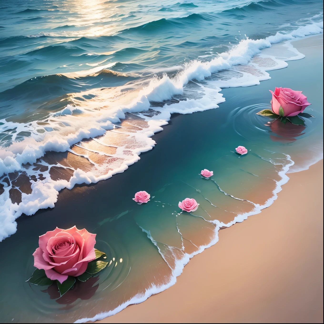 light from the divine sky, reflecting in the seawater, com rosas brancas boiando.