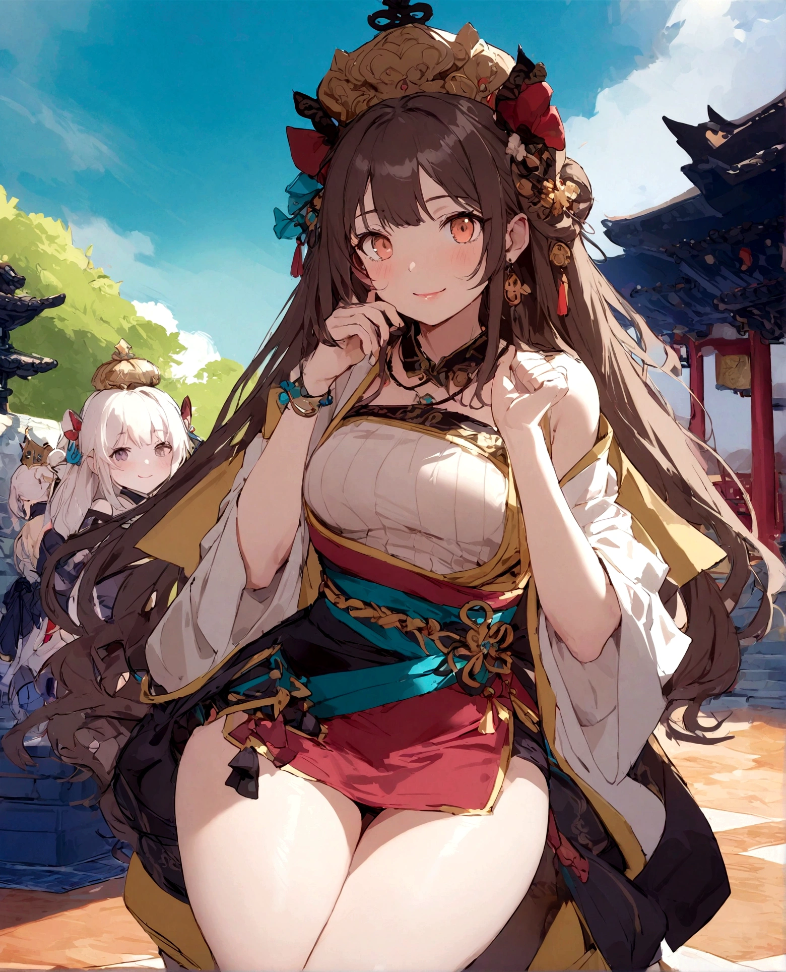 highest quality, masterpiece, High resolution, One girl, ancient Chinese pink dress, Beautiful Face, Ancient Chinese Clothing, Bow without original photo, elegant, Noble, Crown, Thin legs, Fairy, hair accessory, alone, View Viewer, smile, shut up, lips, dress, hair accessory, necklace, jewelry, Long Hair, Earrings, architecture, east asian architecture