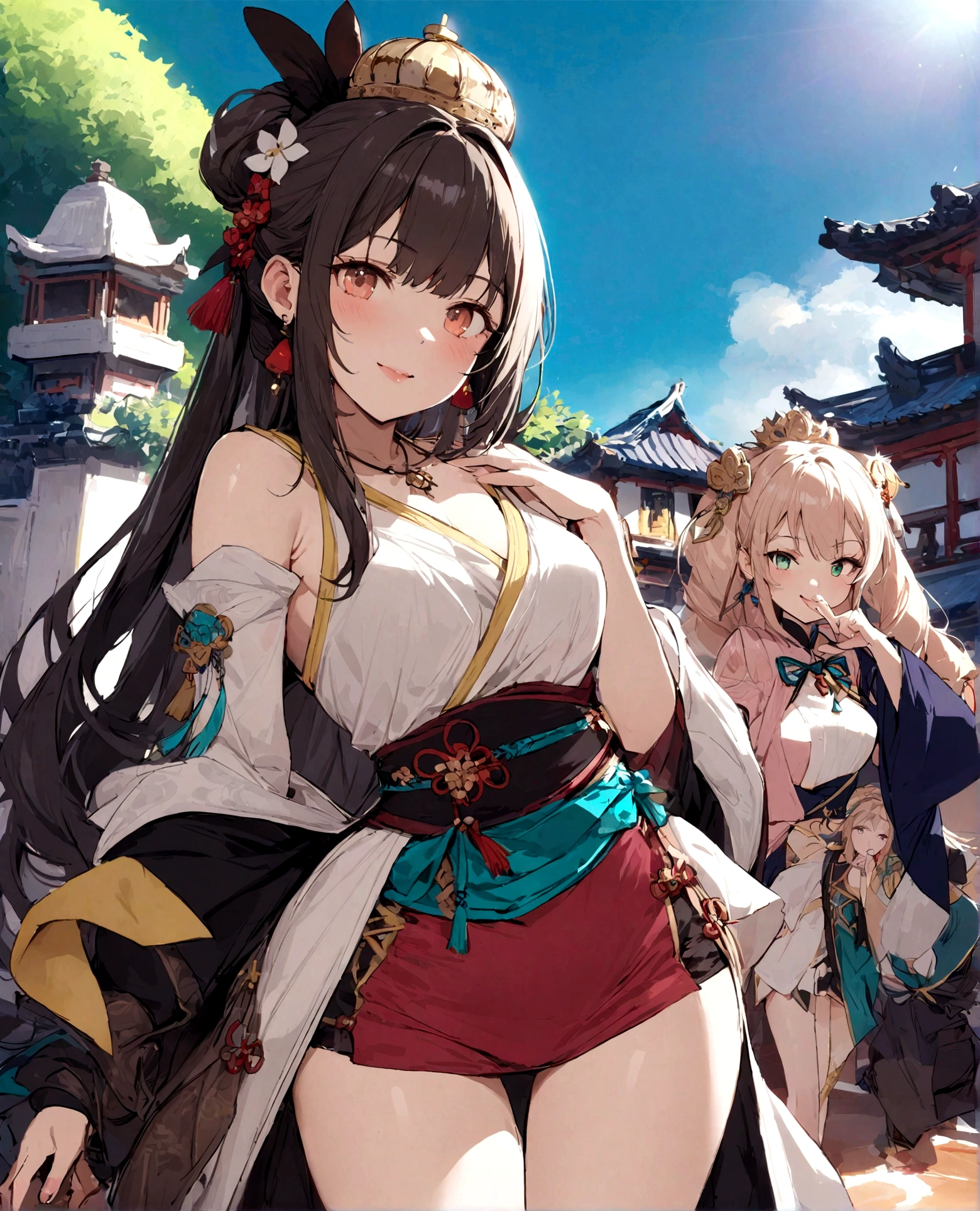 highest quality, masterpiece, High resolution, One girl, ancient Chinese pink dress, Beautiful Face, Ancient Chinese Clothing, Bow without original photo, elegant, Noble, Crown, Thin legs, Fairy, hair accessory, alone, View Viewer, smile, shut up, lips, dress, hair accessory, necklace, jewelry, Long Hair, Earrings, architecture, east asian architecture