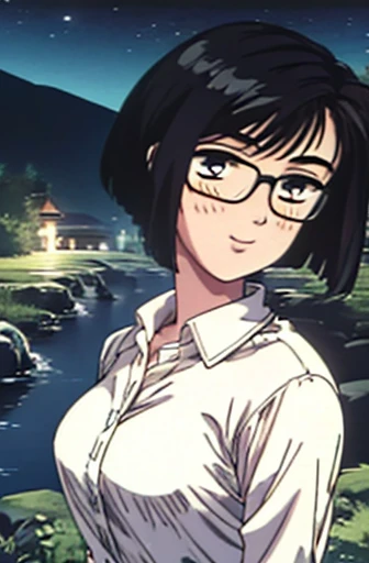 highest quality, masterpiece, High resolution,, One girl, Detailed face, (Upper Body:1.6), Hot Spring Town, Mountains and Rivers, night, Firefly Light, Realistic, Lots of details, (White dress shirt:1.2), (Beautiful body:1.4),(LoRa:0.3),Black Hair,Thick eyebrows,Glasses,Short Hair,smile,