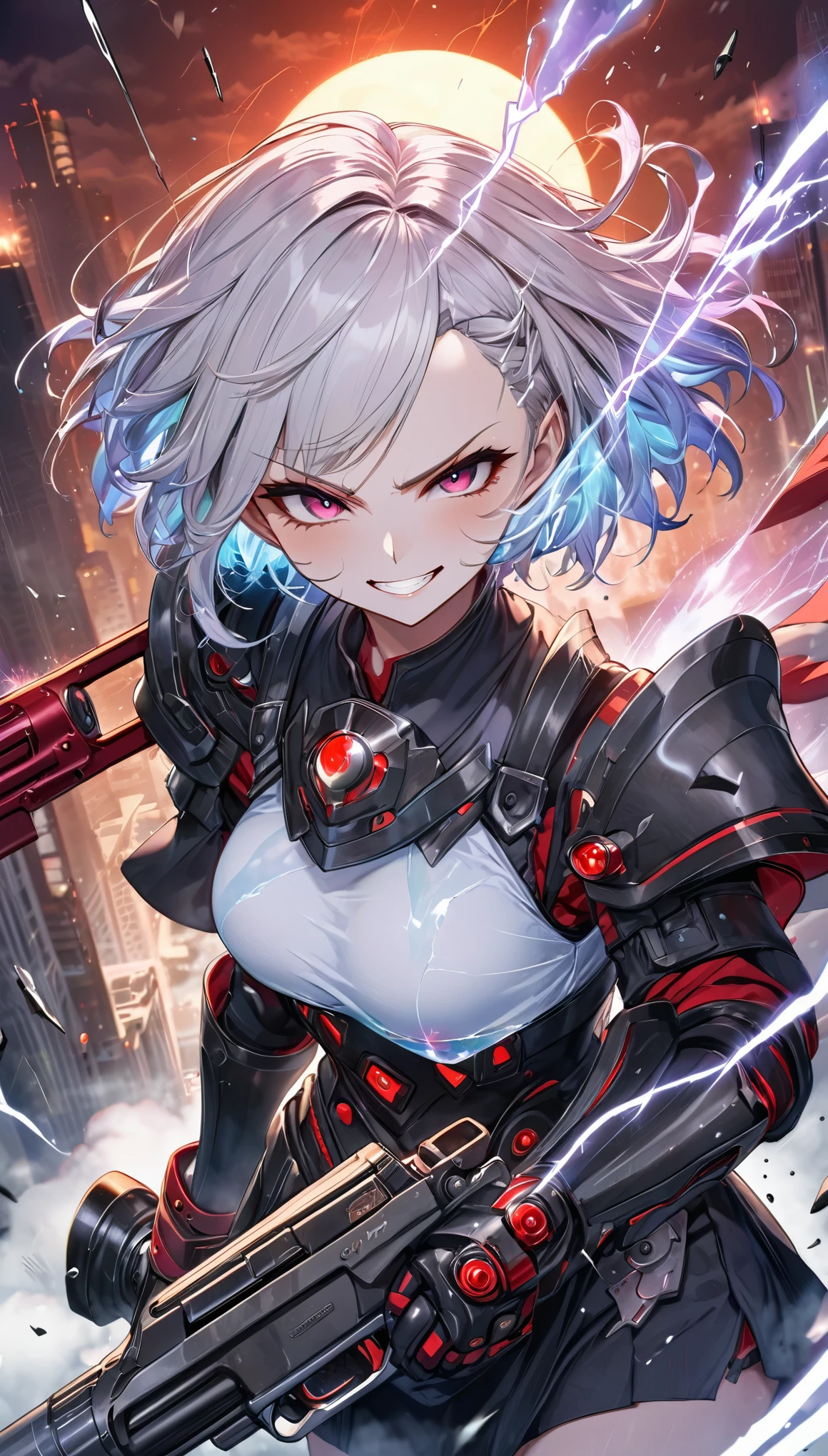 best quality, super fine, 16k, incredibly absurdres, extremely detailed, 2.5D, delicate and dynamic, ruthless, cool and beautiful female warrior, shining iridescent clairvoyance, ivory messy wavy short hair, forehead, captivating look, aroused expression, evil smile, teasing smile, grin, lewd smile, heavy armor, heavy beam gun, point the gun at him and deliver the final blow, ominous aura swirls effects, background skyscraper being split in two by a lightning strike, big red full moon, exposed steel beams, flying shattered glass, sparks, smoke, fog, eerie atmospheric colors, slow-motion effects, dark fantasy