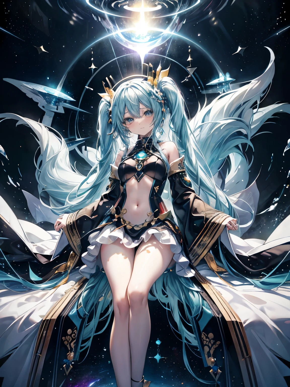 Miku Hatsune, agua&blanco, alta definicion, orejas de kitsune, tatuaje dorado, tatuaje tribal, vista cuerpo completo, patas hermosas,mirada intimidante, Ojos azules profundos, aura magica, kitsune espacial, mystical aura, mystical aura, cola larga y esponjosa, ojos potenciados, aura espacial, chica divina, dios kitsune, divinidad espacial, multiple colorful space, galactic landscape, dark aura magica, magia galaxia
