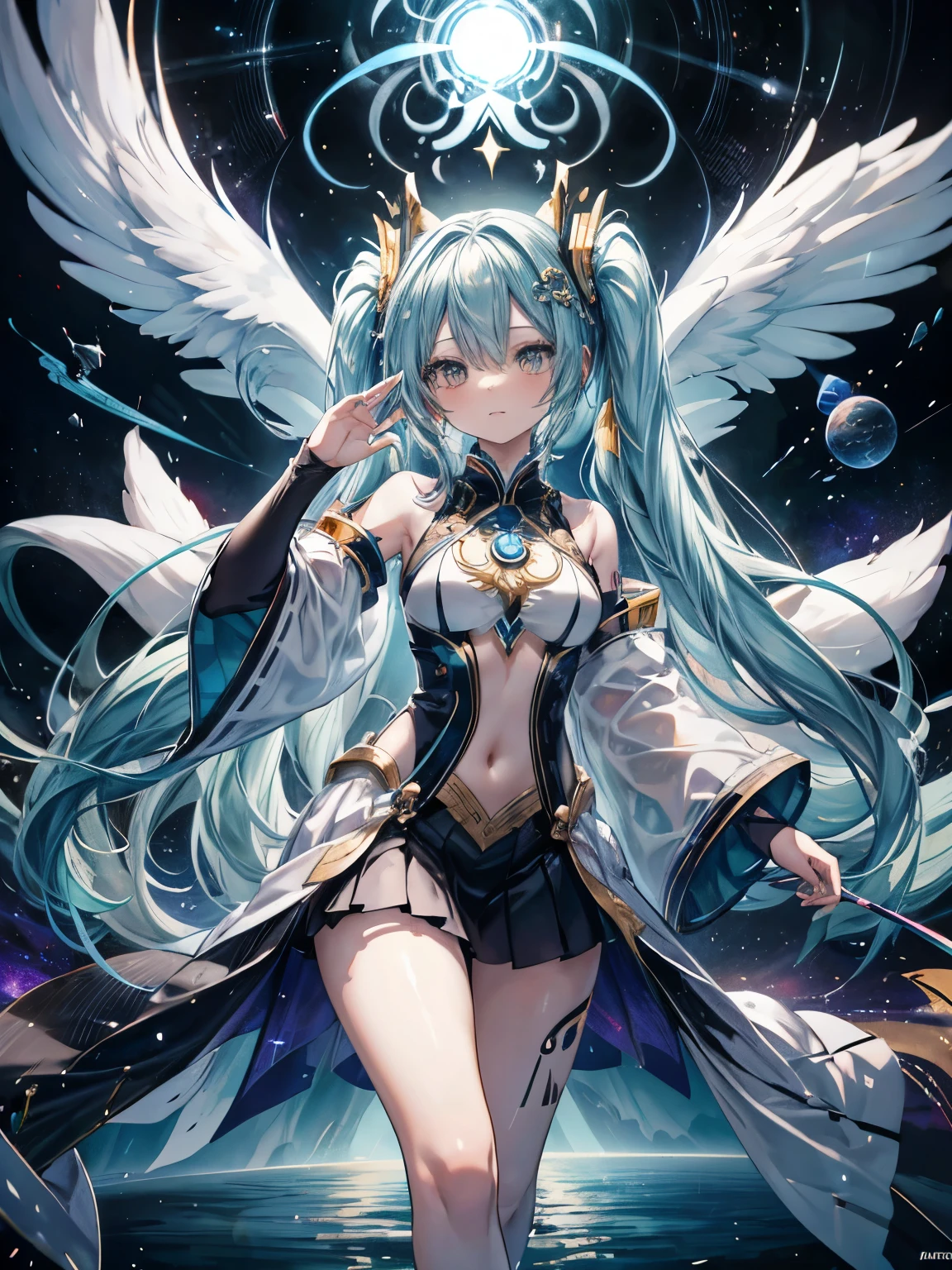  Miku Hatsune, agua&blanco, alta definicion, orejas de kitsune, tatuaje dorado, tatuaje tribal, vista cuerpo completo, patas hermosas,mirada intimidante, Ojos azules profundos, aura magica, kitsune espacial, mystical aura, mystical aura, cola larga y esponjosa, ojos potenciados, aura espacial, chica divina, dios kitsune, divinidad espacial, multiple colorful space, galactic landscape, dark aura magica, magia galaxia