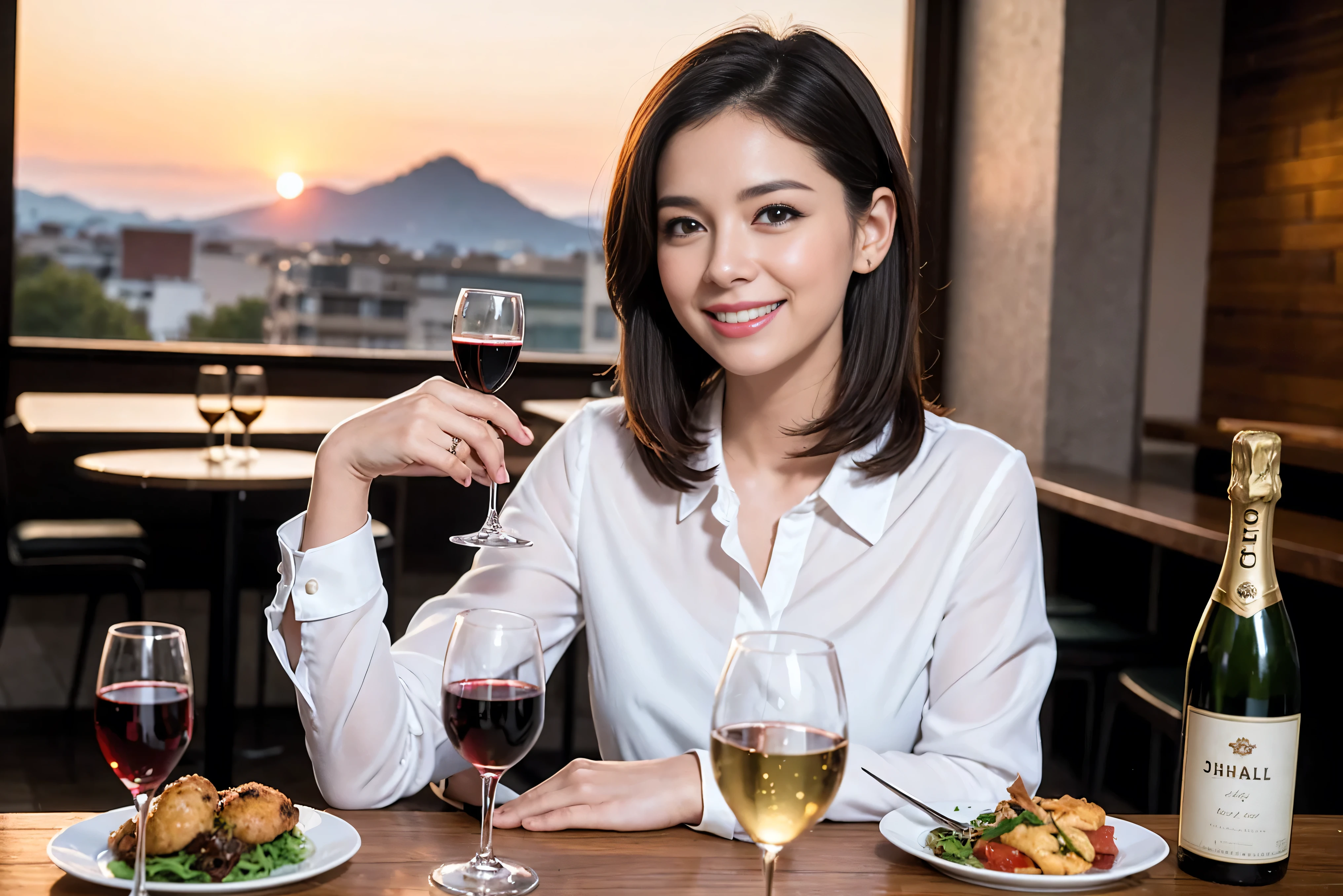 ((highest quality、8k、masterpiece:1.3))、1 male、1 female、lover、Beautiful couple、Smile、 (Slim face), (the body is スリム), (Brown Hair), (Shortcuts), ((Bob Hale、Straight hair:1.2)), Wine glass on the table、Please shine a light on my face、 Amazing view of the sunset sky and clouds、Amazing mountain views、The beauty of a smile、Bright image、Blushing, Shortcuts,Bright Face、 (42 years old), 39 years old, red wine 、Appetizers、Italian food、Wine bottle、Champagne、sparkling wine、Long sleeve shirt、dress、Attractive beauty、restaurant, Nova Frog Style, actress, model, Upper Body, White wine, red wine, wine glass, 