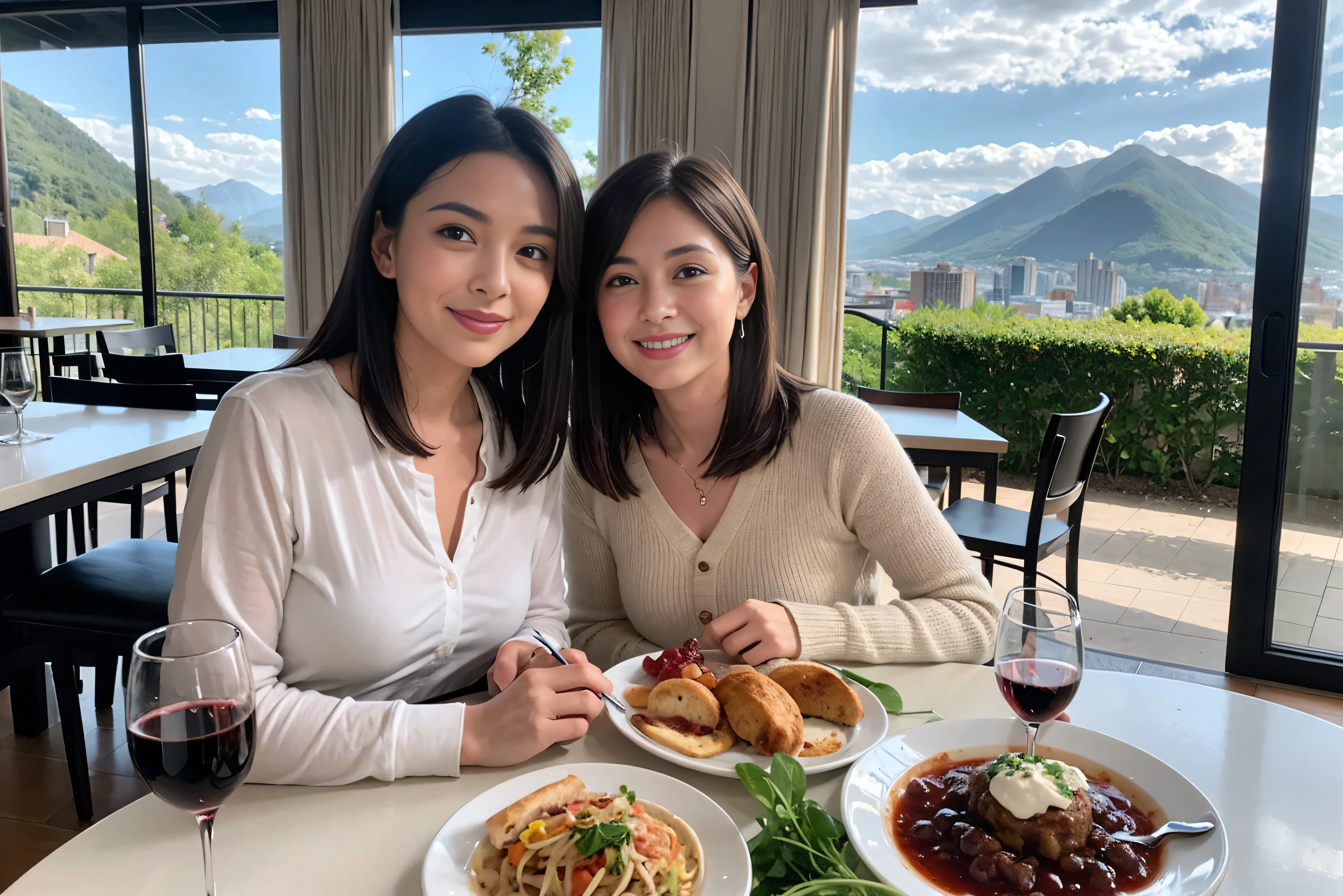 ((highest quality、8k、masterpiece:1.3))、1 male、1 female、lover、Beautiful couple、Smile、 (Slim face), (the body is スリム), (Brown Hair), (Shortcuts), ((Bob Hale、Straight hair:1.2)), Wine glass on the table、Please shine a light on my face、 Amazing view of the sunset sky and clouds、Amazing mountain views、The beauty of a smile、Bright image、Blushing, Shortcuts,Bright Face、 (42 years old), 39 years old, red wine 、Appetizers、Italian food、Wine bottle、Champagne、sparkling wine、Long sleeve shirt、dress、Attractive beauty、restaurant, Nova Frog Style, actress, model, Upper Body, White wine, red wine, wine glass,