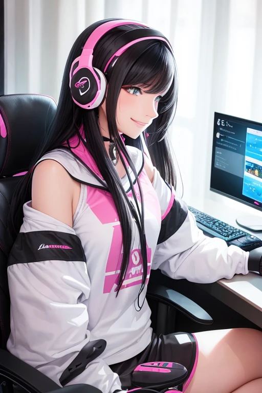 a profile picture of a white woman. she has long black hair with white highlights falling around her shoulders. she is smiling warmly. she is wearing comfortable clothing and a pink gaming headset. she is sitting in front of a gaming pc.