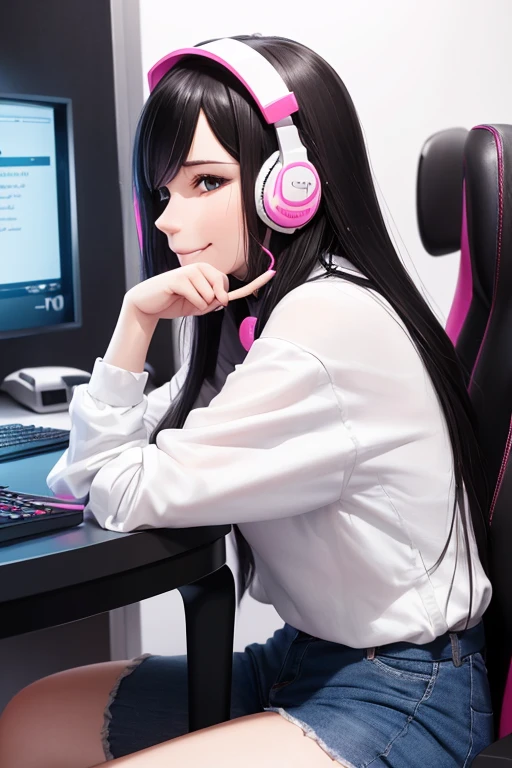 a profile picture of a white woman. she has long black hair with white highlights falling around her shoulders. she is smiling warmly. she is wearing comfortable clothing and a pink gaming headset. she is sitting in front of a gaming pc.