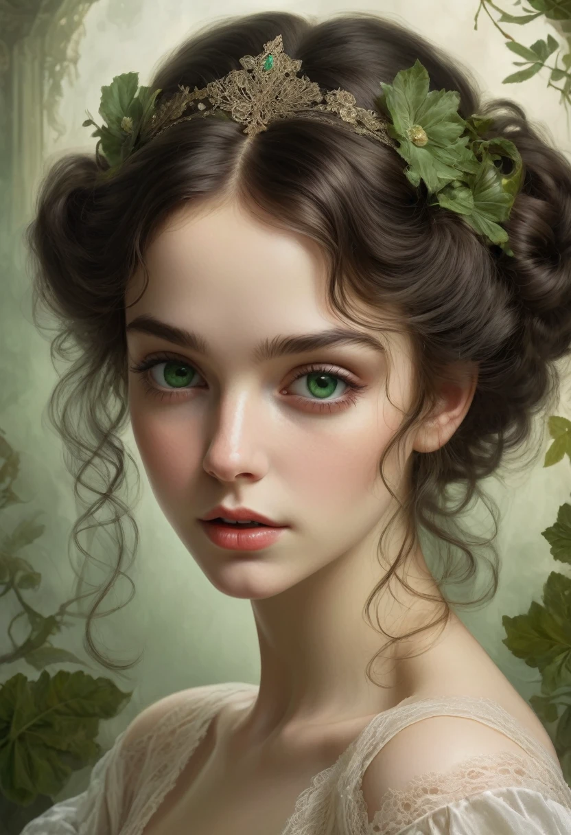 small,dark-haired ,dimples, antique style,nylon, lace, satin, silk,tulle, velvet,botanical art, complicated hairstyle,emphasis on wide-open, cunning,green, bottomless, crystal clear eyes,long, lush eyelashes,perfection itself,dynamics, movement, pixel graphics,classical painting, lamination, soft lighting, high detail, high resolution, beautiful, aesthetically pleasing, wallpaper, surrealism,mysticism, professional drawing in the style of Kramskoy