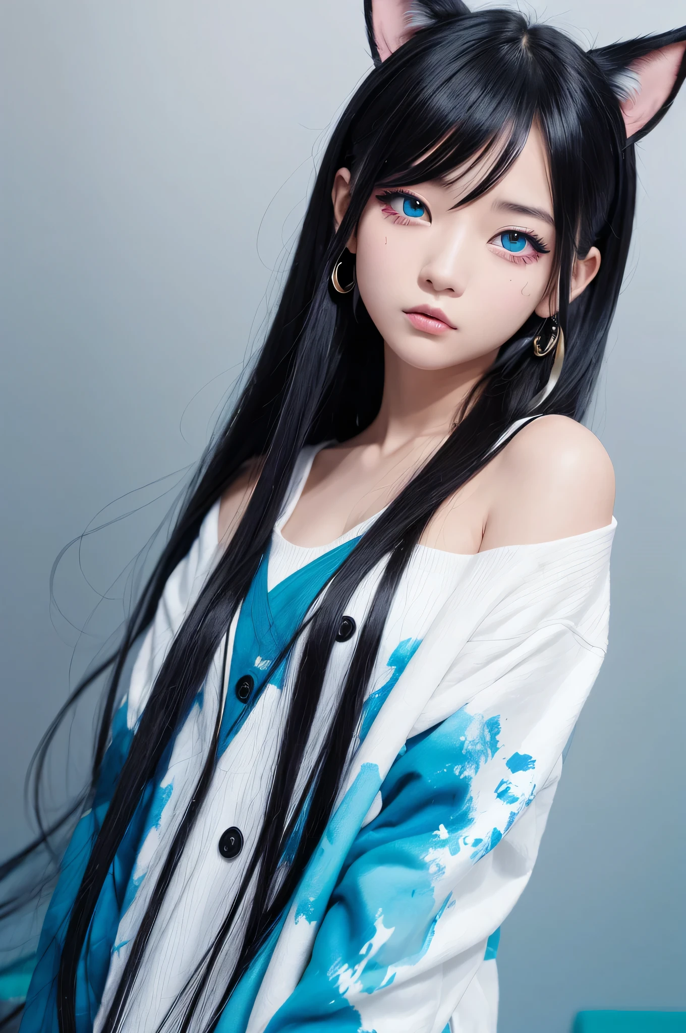 「Create fantastic portraits with colorful backgrounds。At the center is、It depicts a beautiful Japanese girl with black and blue gradient hair.。Her hair was unkempt.、She has vibrant blue eyes and colorful eye makeup.。The face is painted black、The ears are pierced。A black and white cat was resting on her shoulder.、Its eyes are green。Abstract paint splashes and lines are added to the background.、Creates a colorful and artistic atmosphere。The overall atmosphere is fantastic.、This is a work that emphasizes artistic elements.。」