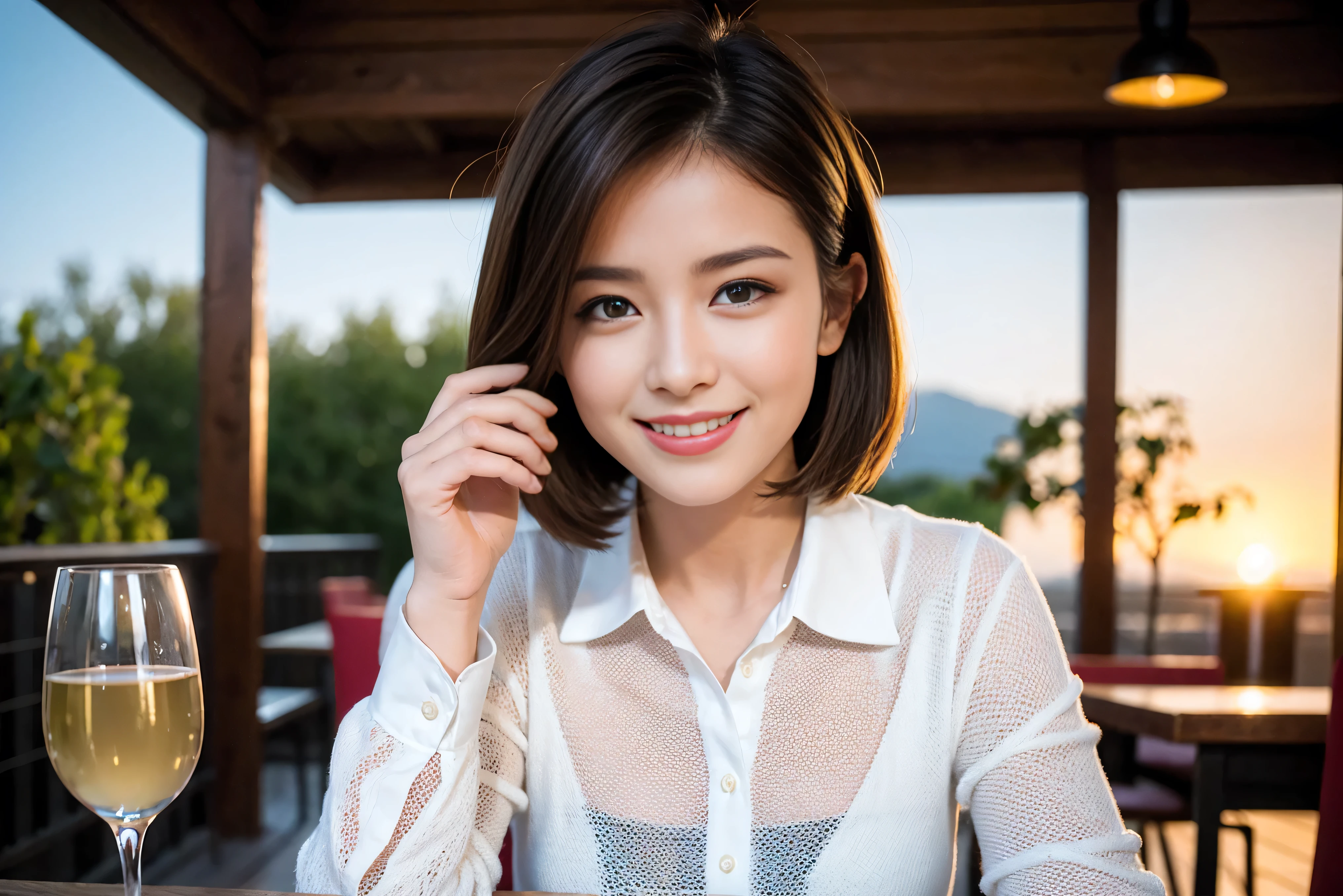 ((highest quality、8k、masterpiece:1.3))、1 male、1 woman who resembles Satomi Ishihara、Couple、Spouse、Couple、The body is slim、((Bob Hale、Straight hair:1.2)), (Realistic, Intricate details:1.2), Wine glass on the table、Shine light on your face、 Amazing view of the sunset sky and clouds、Amazing mountain views、A bright smile、The wonderfulness of smile、Bright image、The beauty of wine, Beautiful Face, blue eyes, The light shines on your face, Blushing, short hair,Bright Face、 (42 years old), 39 years old, red wine 、Appetizers、Italian food、Wine bottle、Champagne、sparkling wine、Two beauties、Brown Hair、Shortcuts、Long sleeve shirt、dress、Pretty Woman 1, (Slim face), (The body is slim), (Brown Hair), (Shortcuts), cheeks turn a little red,Attractive beauty、restaurant, In a prominent place (From the waist up) Nova Frog Style, actress, model, Upper Body, White wine, slim, wine glass, A wine glass placed in the center, smile, (smile: 1.15), Beautiful fine grain, Depth f/2,saturation, High Contrast, Strong light and shadow,Moist Body:1.5、3D texture、Delicate eyes、Brown Hair、The hair is very shiny、