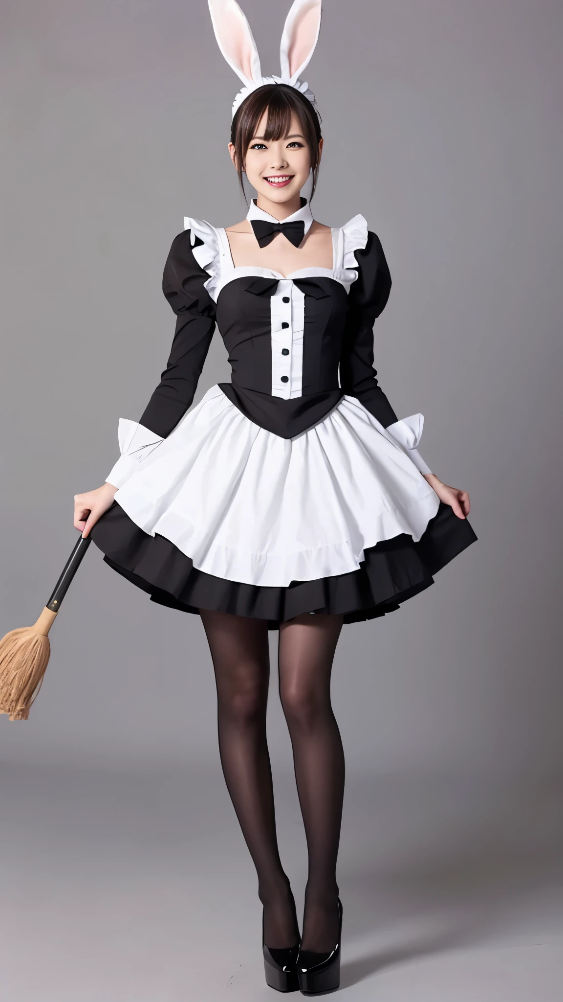 Bunny girl in maid costume:1.5，wear black tights:1.5，The best smile:1.5，Full Body Shot:1.5，Gray background:1.5，Wearing black high heels:1.5，Riding a magic broom:1.2