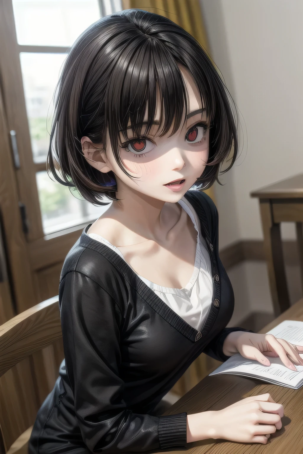 (Tabletop:1.0), (highest quality:1.4), (High resolution:1.2), From the side,Sharp contours, boyish, highest quality, masterpiece,Glasses,Voice of the Heart,20-year-old woman,yandere,Big Breasts,Chest to chest,Lying face down,Upper Body,Ecstasy,saliva,blush,Squint your eyes,Heterochromia iridis,Tuck up your clothes,lure,backshot