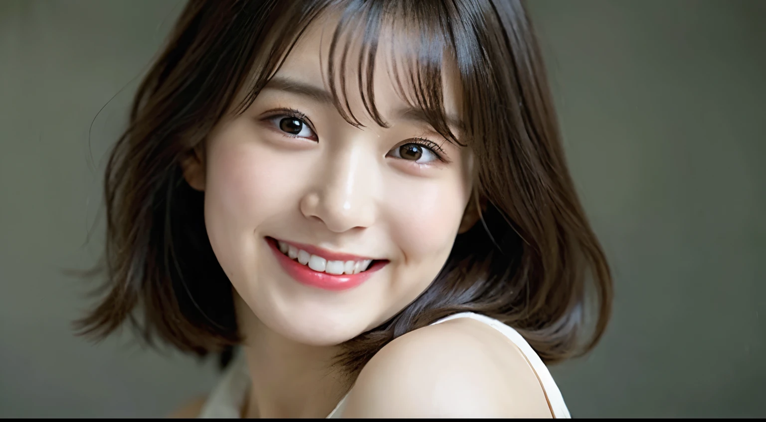 (Raw photo、highest quality)、(Realistic、Photorealistic:1.3)、(1 person:1.6)、masterpiece、Very delicate and beautiful、Very detailed、Hmph、Unity、8k、Amazing、Detailed explanation、Ultra-detailed、High resolution、Absurd、Soft Light、(Black-haired、short hair、Curly Hair、Messy Hair、Bans)、Detailed beautiful girl、Detailed fingers、Very detailed目と顔、Beautifully detailed nose、Beautiful and fine details、(Light on the face)、View your viewers、(Closed)、cute、young、Mature face、White skin、(Half Body:1.3、seat)、(Mid-breasted)、A vivid face、Realistic body、Beautiful thighs、Black Shirt、(Half-laugh:1.3)