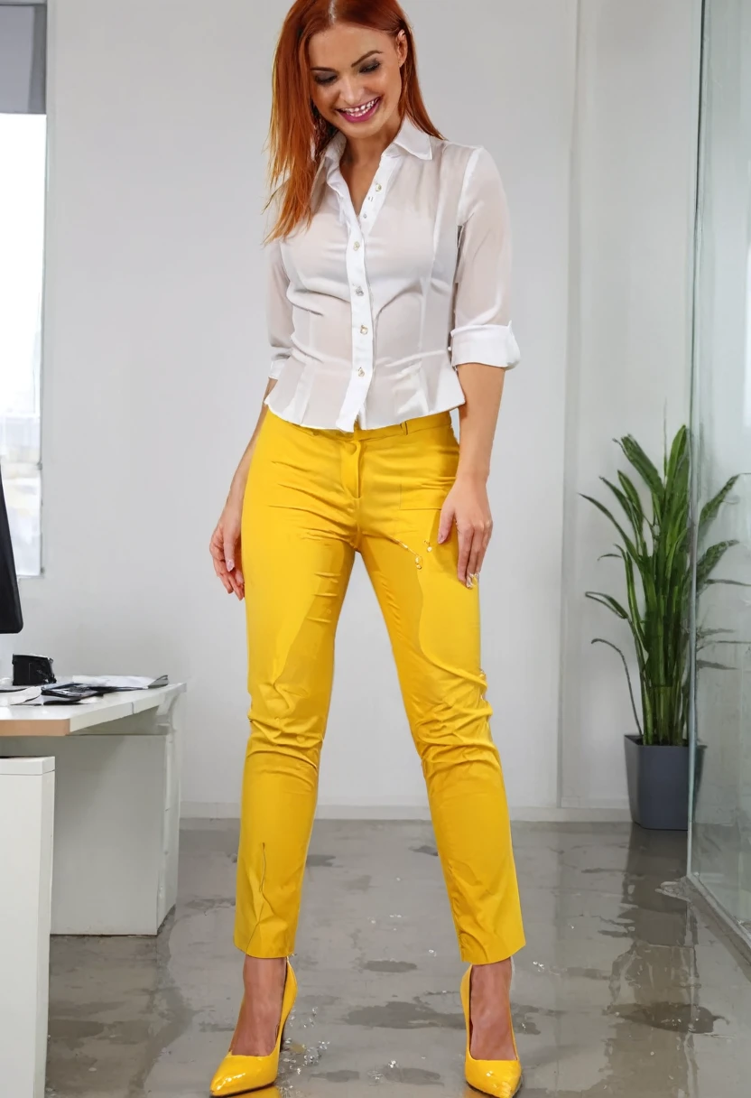 attractive redhead woman wearing yellow dress pants, high heel pumps, white blouse, standing in an office, wetting, big smile, pee stains are gleaming wet, pants really soaked with pee