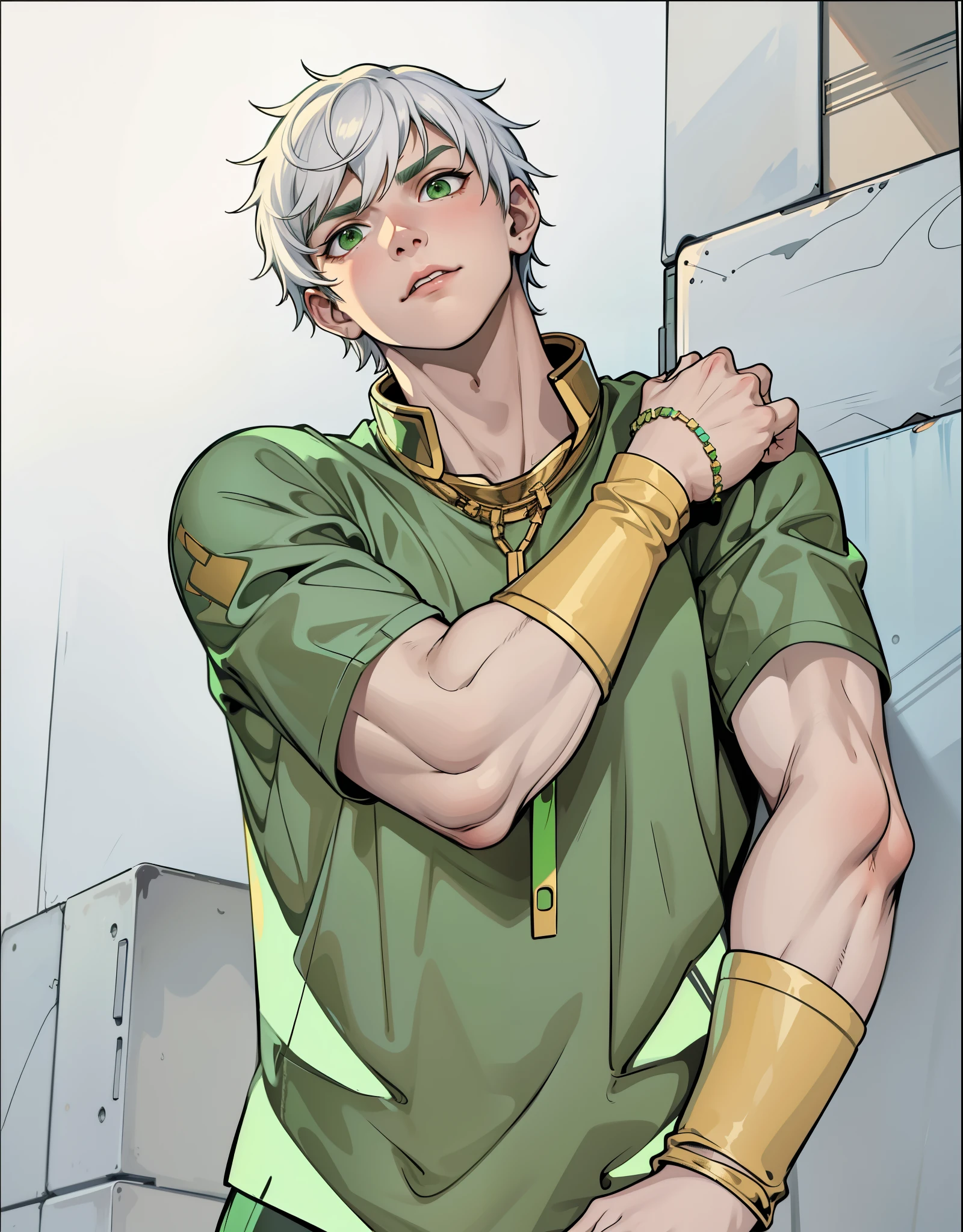 He is worried, a little scared, 17 year old young man, white hair, green eyes, golden jewelry, old green t-shirt.