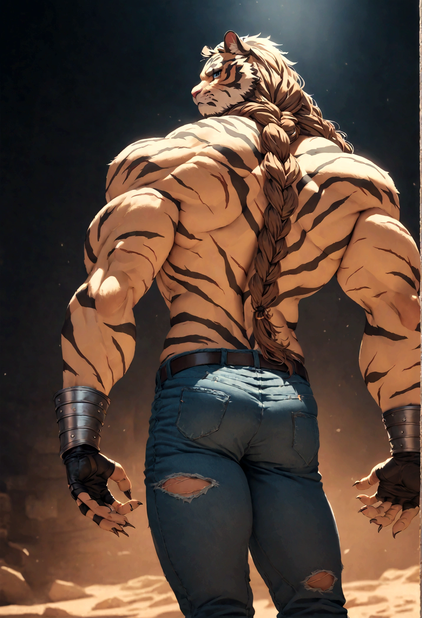 a muscular male furry tiger man, skinny, athletic, wearing leather fingerless gauntlets, long braided dreadlocks, scars and tattoos, tattered jeans, hyper detailed, 8k, photorealistic, dramatic lighting, cinematic composition, dark moody atmosphere, warm color palette