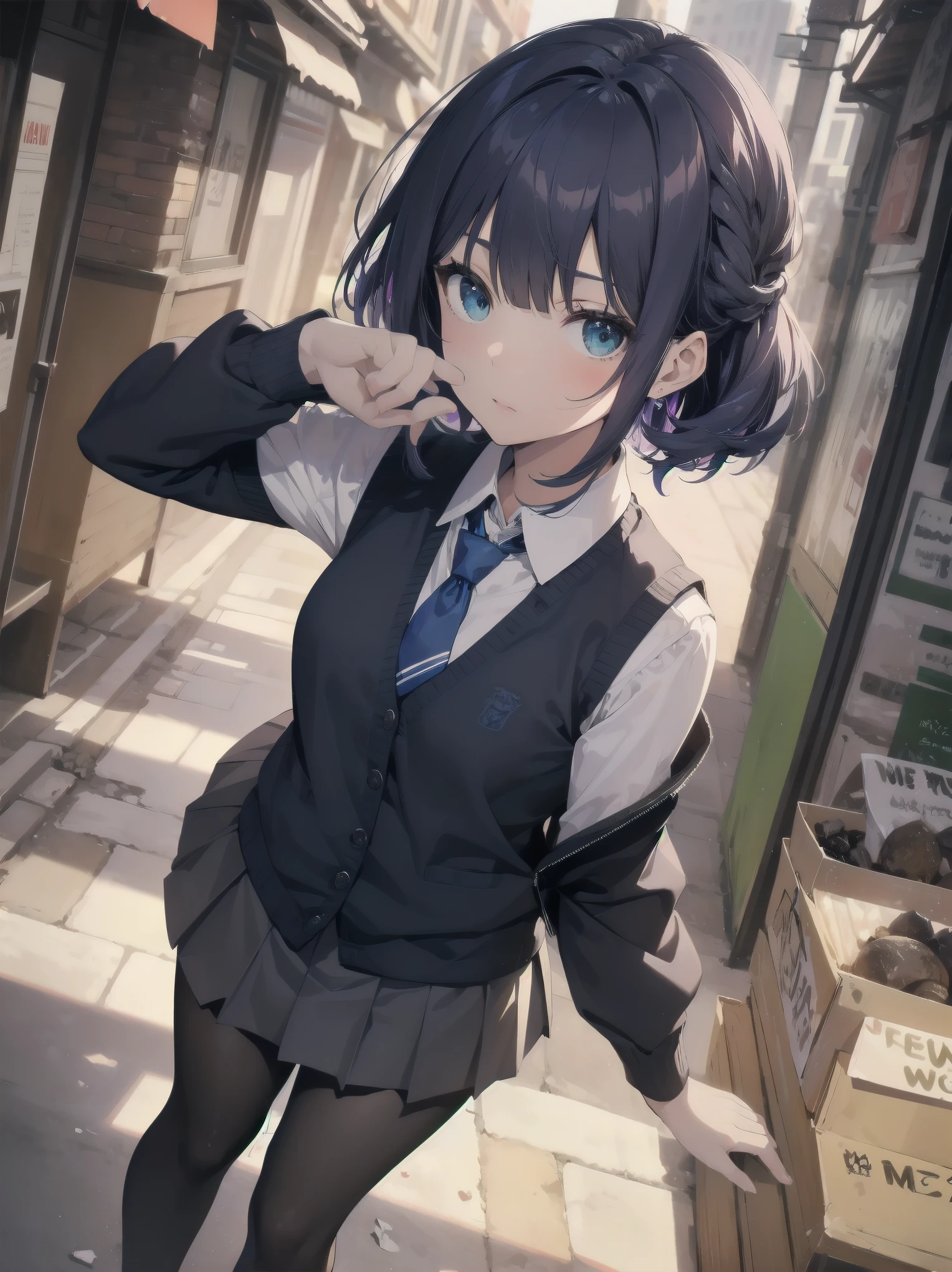 Masterpiece, high quality, high resolution, perfect face, realistic skin texture, young girl, alone, solo, ta, chibi, feminine fashion, focused gaze, bangs, skirt, long sleeves, uniform, full body, black pantyhose, outdoor, shoes, seraphook, bangs, blurred, stylish skirt, Black pantyhose, hair in a bun, unusual nostalgic view of the world, fine cobblestones, distant background, artistic shading, best illustration of a beautiful woman, resting head, girl making a mocking gesture, movie scene, expressive actor
Blake.
akane kurokawa, 1girl, short hair, blue hair, green eyes, black hair, medium hair, white shirt, collared shirt, , vest, white shirt, sweater vest, black vest, blue necktie, one-length bob, create bangs, add some lightness to the area around the face, and leave the ends of the hair thick throughout. dark blue-purple hair, blue eyes,anime,girl,