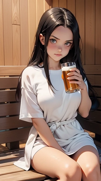 Wednesday Addams milf wrapped in a towel, sitting on a bench in the sauna and drinking beer