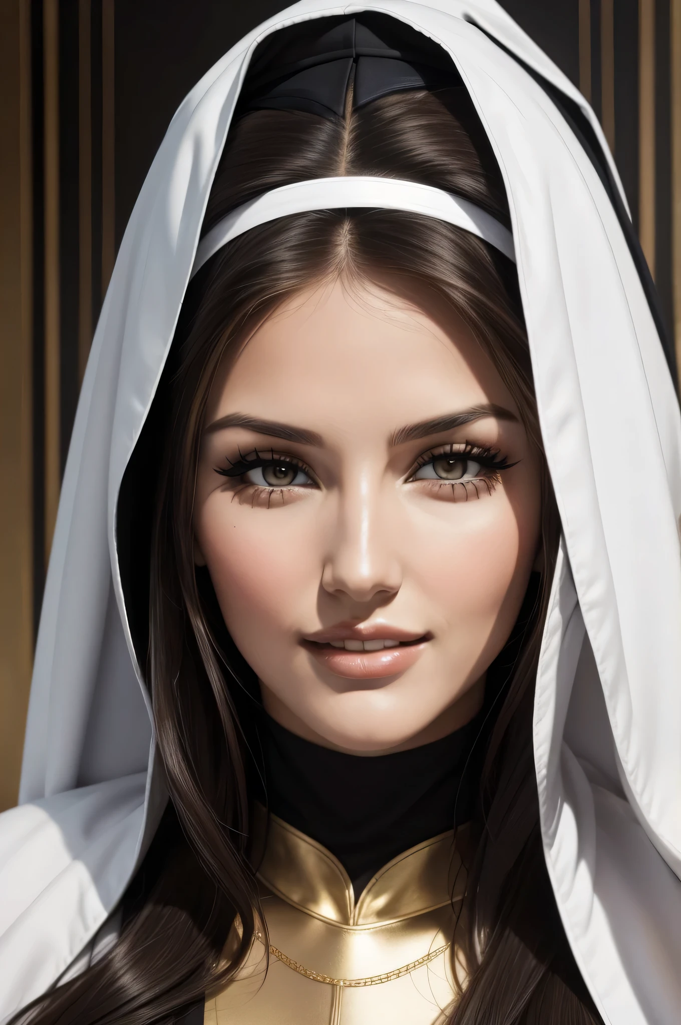 lucy pinder, face portrait, smiling, gold lipstick, very intense makeup, the nun, sexy