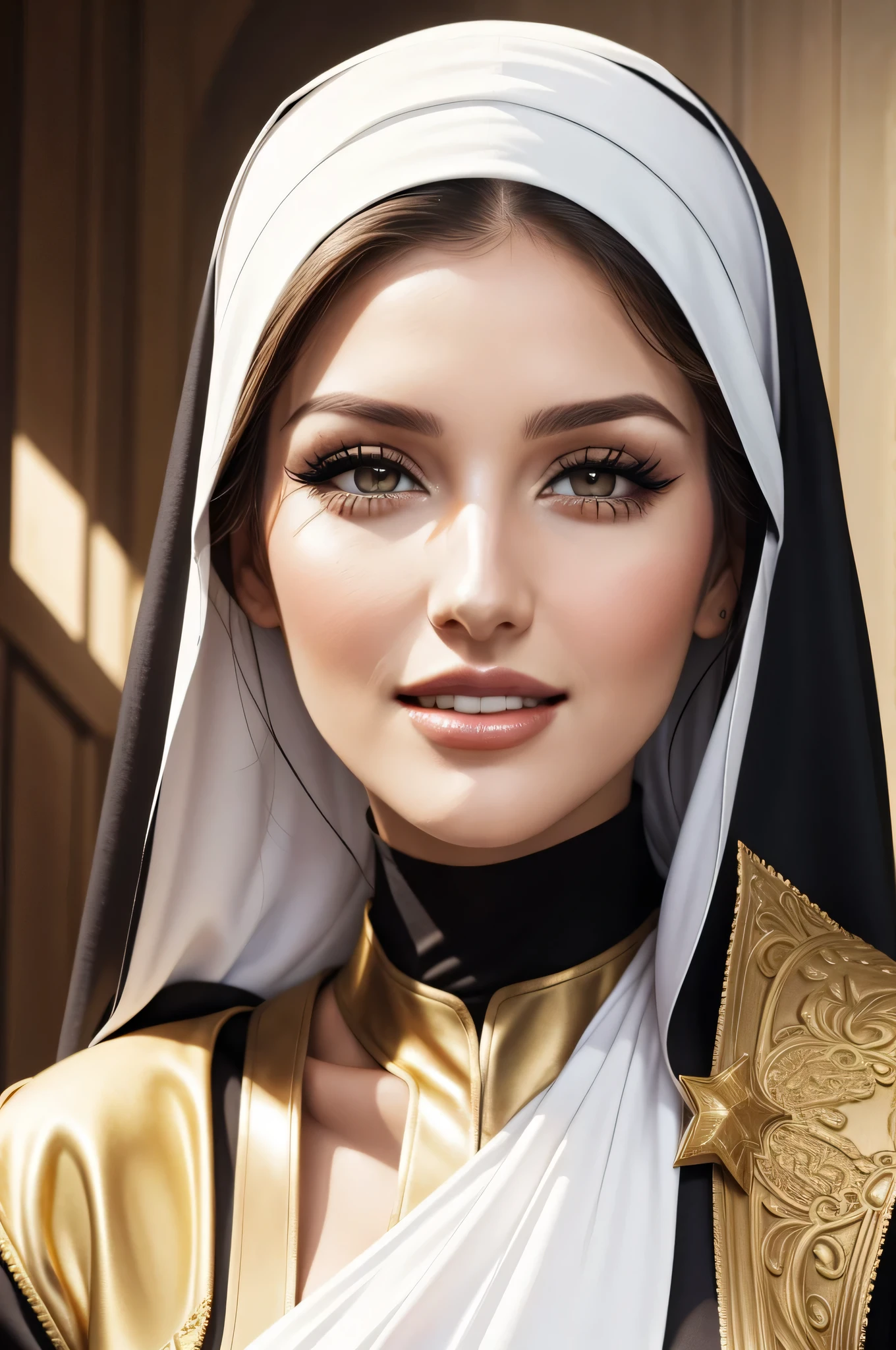 lucy pinder, face portrait, smiling, gold lipstick, very intense makeup, the nun, sexy