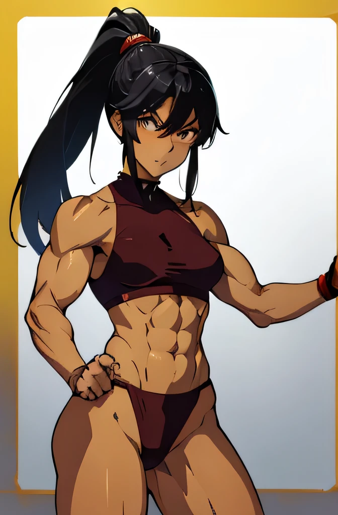 best quality,high resolution,fighter,(((muscle))),((tan)),tall,ponytail、Black Hair,woman,Muscular,tall,small bust