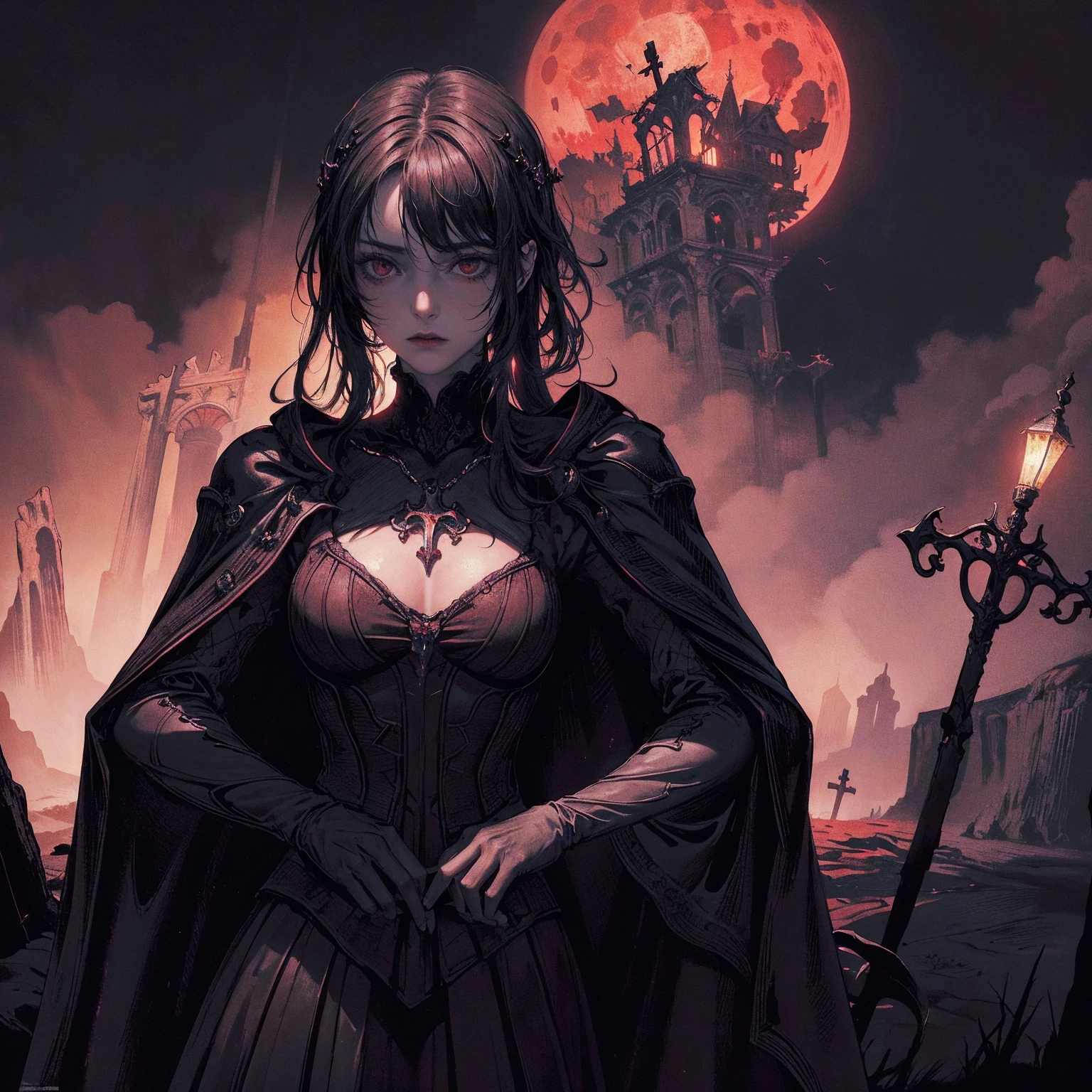 best quality, 4k, High resolution, masterpiece:1.2, Extremely detailed, Practical:1.37, Mood lighting, girl, Crucified, Pitch black sky, Red Moonlight, Weird atmosphere, Gothic style, Unforgettable beauty, Dramatic shadows, Ethereal Light, Mysterious atmosphere.