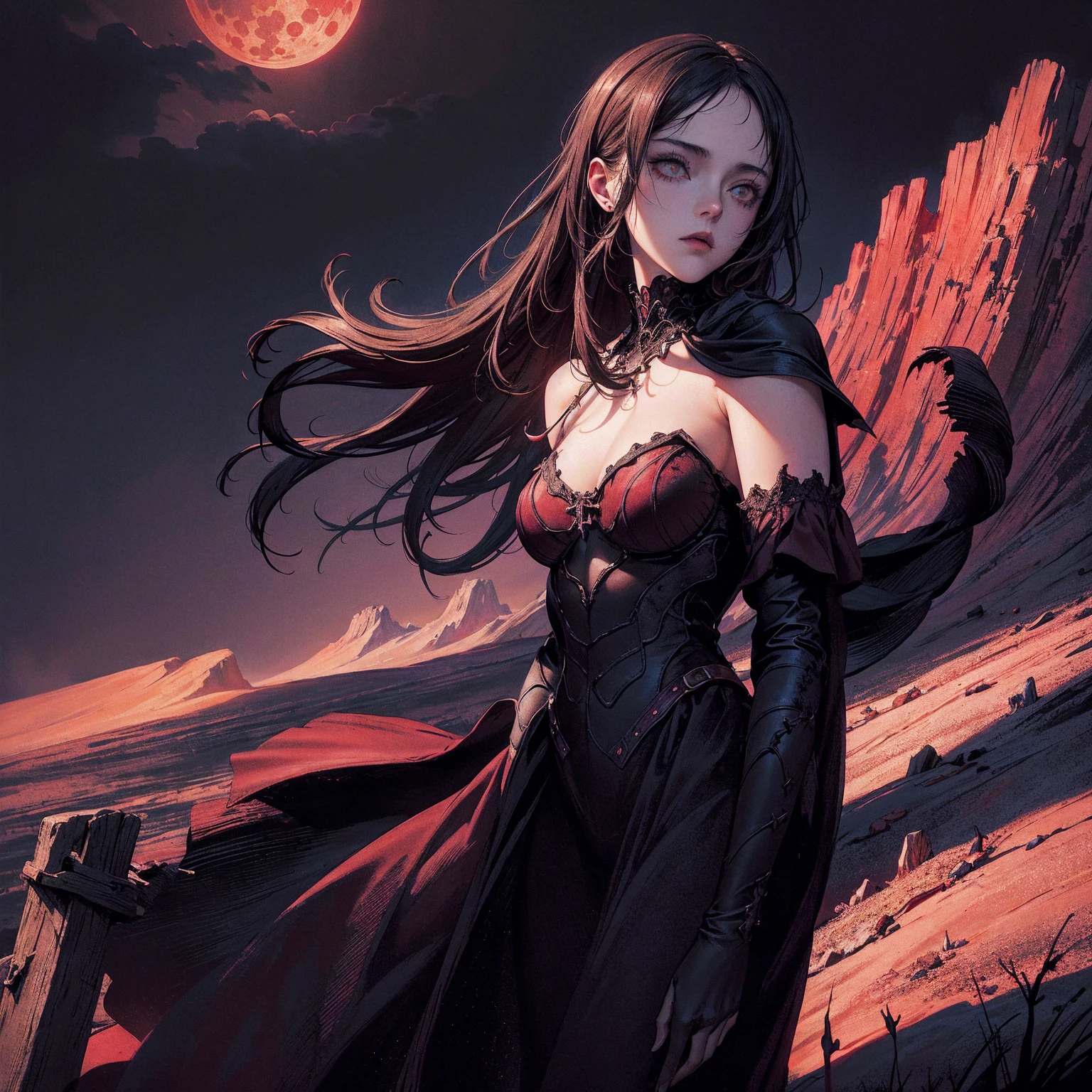 1970's dark fantasy heavy metal disc cover. teen natalie portman as a red priestess girl. gentle smile. (Moon night desolation). freckles. slender and beautiful. intricate detail