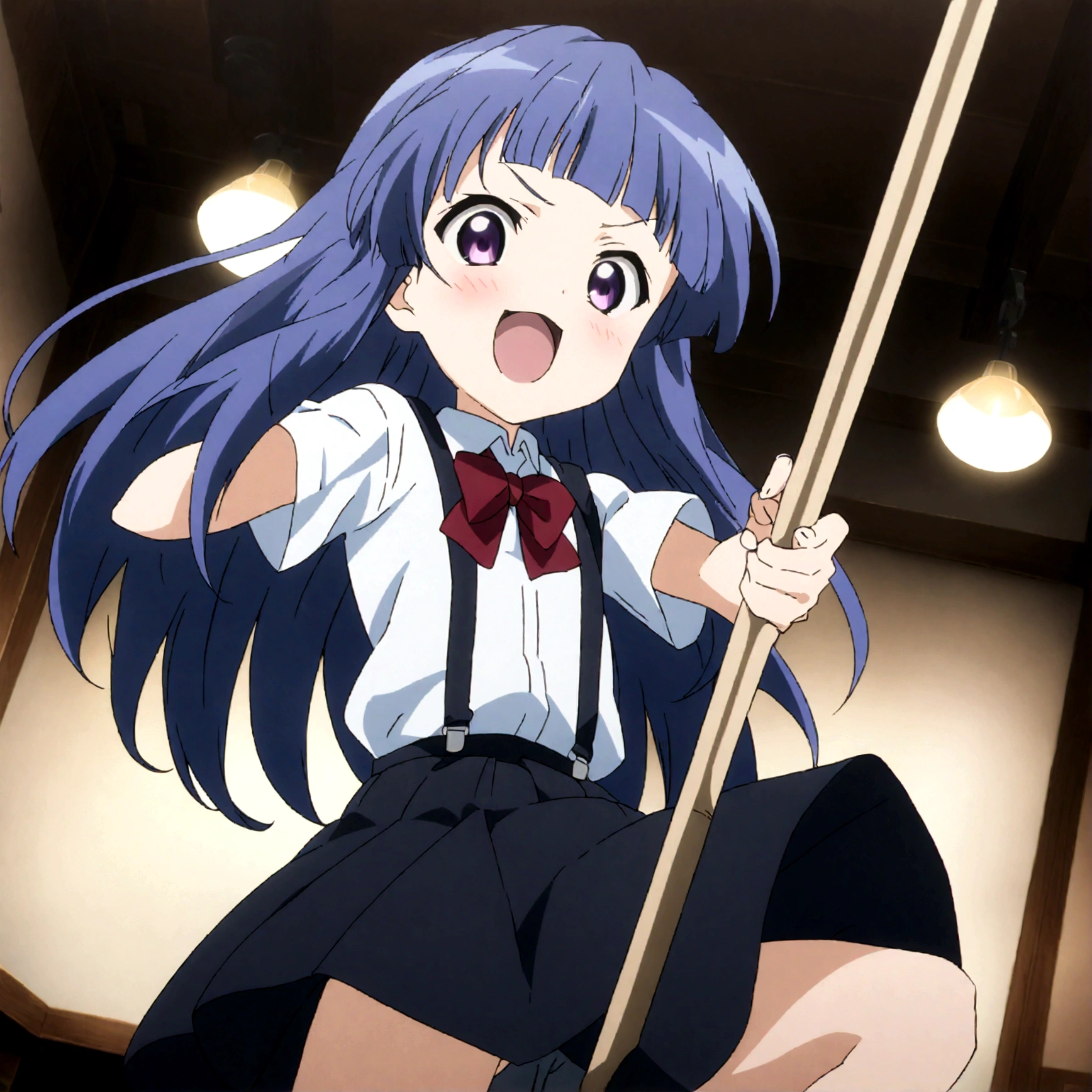 score_9,score_8, score_8_up, BREAK 1girl, solo, furude rika, (tween), kawaii, blue hair, purple eyes, long hair, blunt bangs, bangs,, bow, skirt, shirt, suspenders, smile, short sleeves, pleated skirt, white shirt, open mouth, :d, red bow, facing viewer,^_^, suspender skirt, , black skirt, collared shirt, blush, bowtie, blunt bangs, dress shirt,masterpiece, best quality, source_anime,ceiling, ceiling light, great lighting, detailed shadows, detailed body, anime artwork,anime style, key visual, vibrant, studio anime, highly detailed, anime coloring,,battle stance,fullbody,spread leg,holding mop,motion blur,motion lines,dynamic angle,simple background, white background.