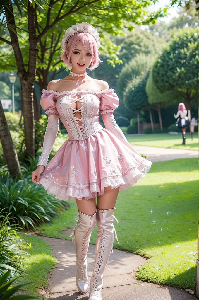 (nsfw), sexy stylish Swedish model, only 1 female, ((doll-like appearance)), short neon pink stylish hair, ((shiny Victorian-Style boots)), (big smile), ultra detailed eyes, vivid eye makeup, lip-gloss, long lashes, defined eyebrows, ((sexy Paradise Kiss cosplay)), bell-shaped skirt, petticoats, high neckline, puffed sleeves, ((ultra detailed lace)), ((ultra detailed embroidery)), intricate details, Paradise Kiss accessoires and matching headpiece, choker, ((large sparkling Paradise Kiss jewelry)), cinematic light, detailed large park background with trees