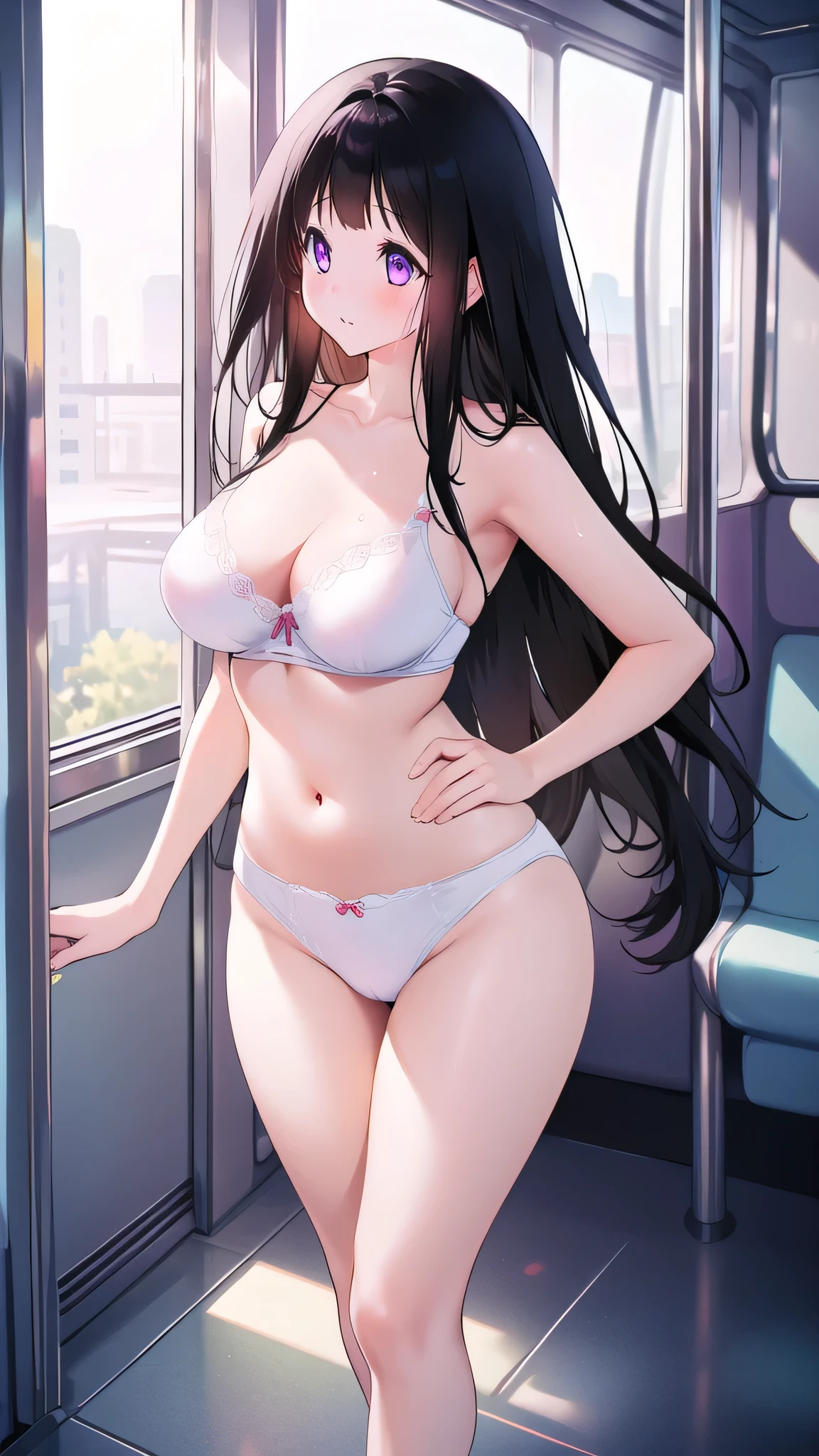Beautiful Chitanda,There is only one beautiful girl,Purple Eyes, Black Hair, Natural straight hair, Straight bangs,Extremely refined,open your lips,Face is so red,Very white skin,Skin as delicate as porcelain,Glowing skin,big eyes,Flowing long hair,beautiful girl, Like a dream,Slim,Slim waist,Soft, (Sensual), (Kawaii), Dream quality,Standing in the tram,Thighs clamp hands,Sweaty and sweaty,Bend down,bend over,Hips,Profile,Side breasts,Underwear Rain,Completely naked,Gluteal groove,Completely naked back,nacked hip,Bare belly,very close,Deep V neckline,Loose neckline,Beautiful big breasts,No pants,Delicate clavicle,Delicate hands and feet,Bare neck,There is no decoration on the neck,Bare thighs,Exposing the groin,Camel toe,extremely shy,Ultra-high resolution, (masterpiece:1.2, best quality), (Delicate and beautiful eyes: 1.2), (Beautiful and delicate face)