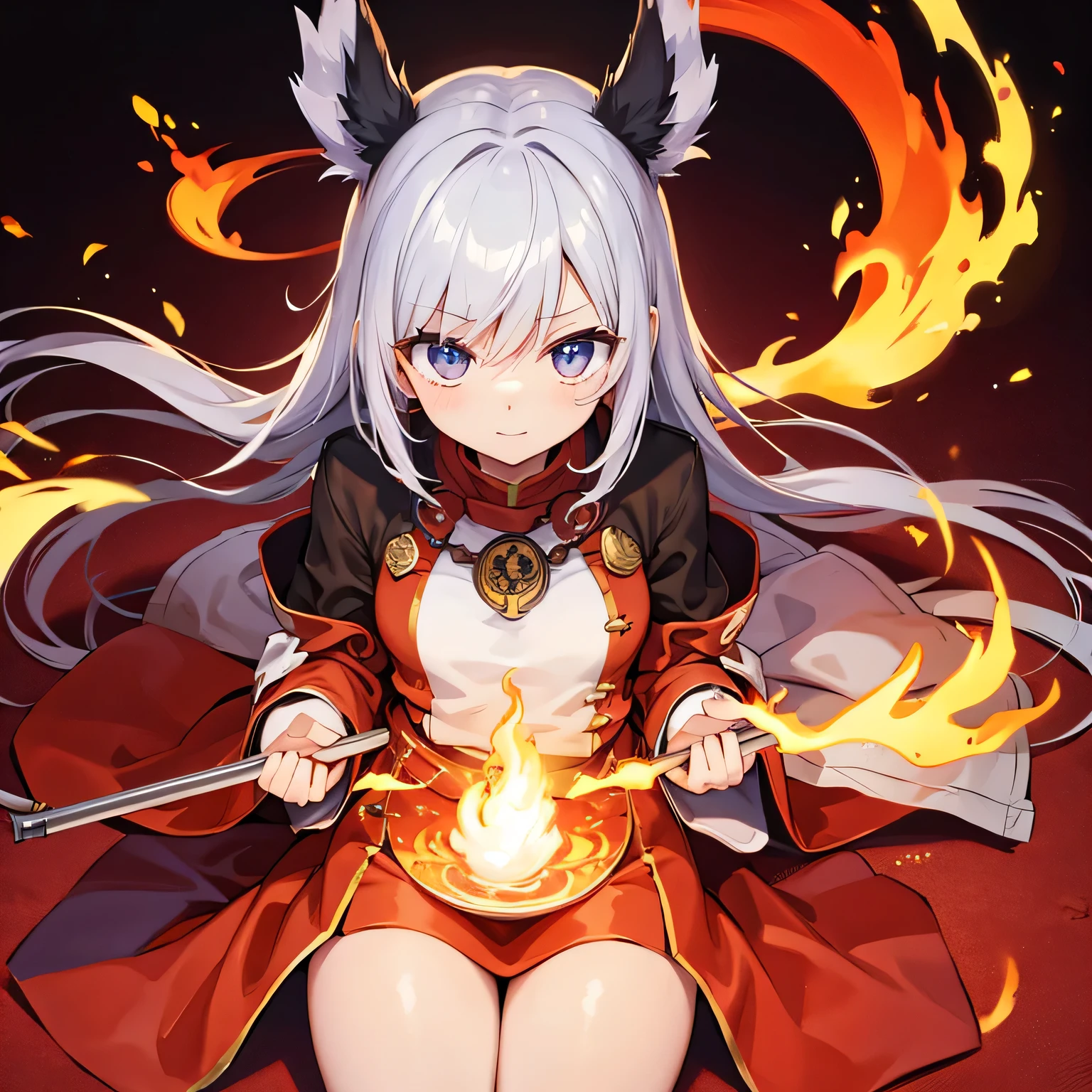 Purgatory Anjuro,human,Long-haired,Red and yellow hair,warrior,Clothed in flames, Cat ear、Silver Hair、3DCG、3D Rendering、Captivating body、Energetic、Large Breasts、A seductive smile、Moving lines。