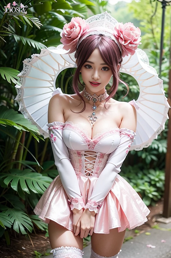 (nsfw), sexy stylish Swedish model, only 1 female, ((doll-like appearance)), short neon pink stylish hair, ((shiny Victorian-Style boots)), (big smile), ultra detailed eyes, vivid eye makeup, lip-gloss, long lashes, defined eyebrows, ((sexy Paradise Kiss cosplay)), bell-shaped skirt, petticoats, high neckline, puffed sleeves, ((ultra detailed lace)), ((ultra detailed embroidery)), intricate details, Paradise Kiss accessoires and matching headpiece, choker, ((large sparkling Paradise Kiss jewelry)), cinematic light, detailed large park background with trees