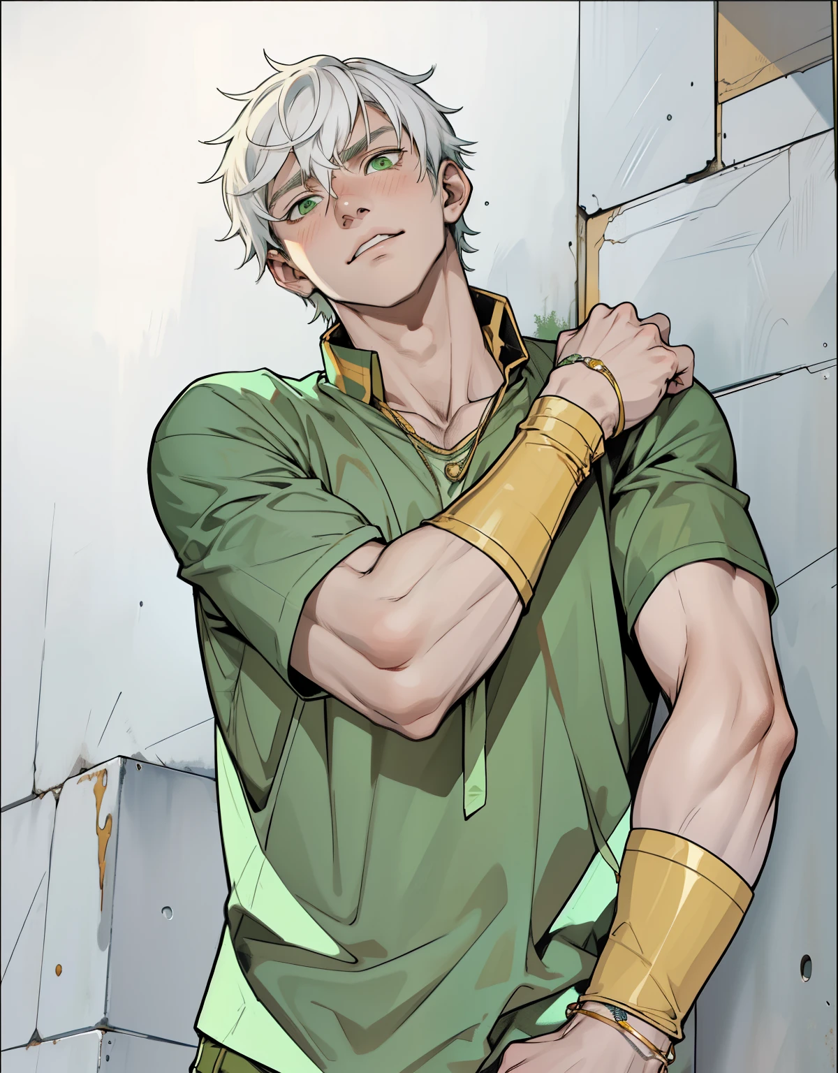 He is worried, a little scared, 17 year old young man, white hair, green eyes, golden jewelry, old green t-shirt.