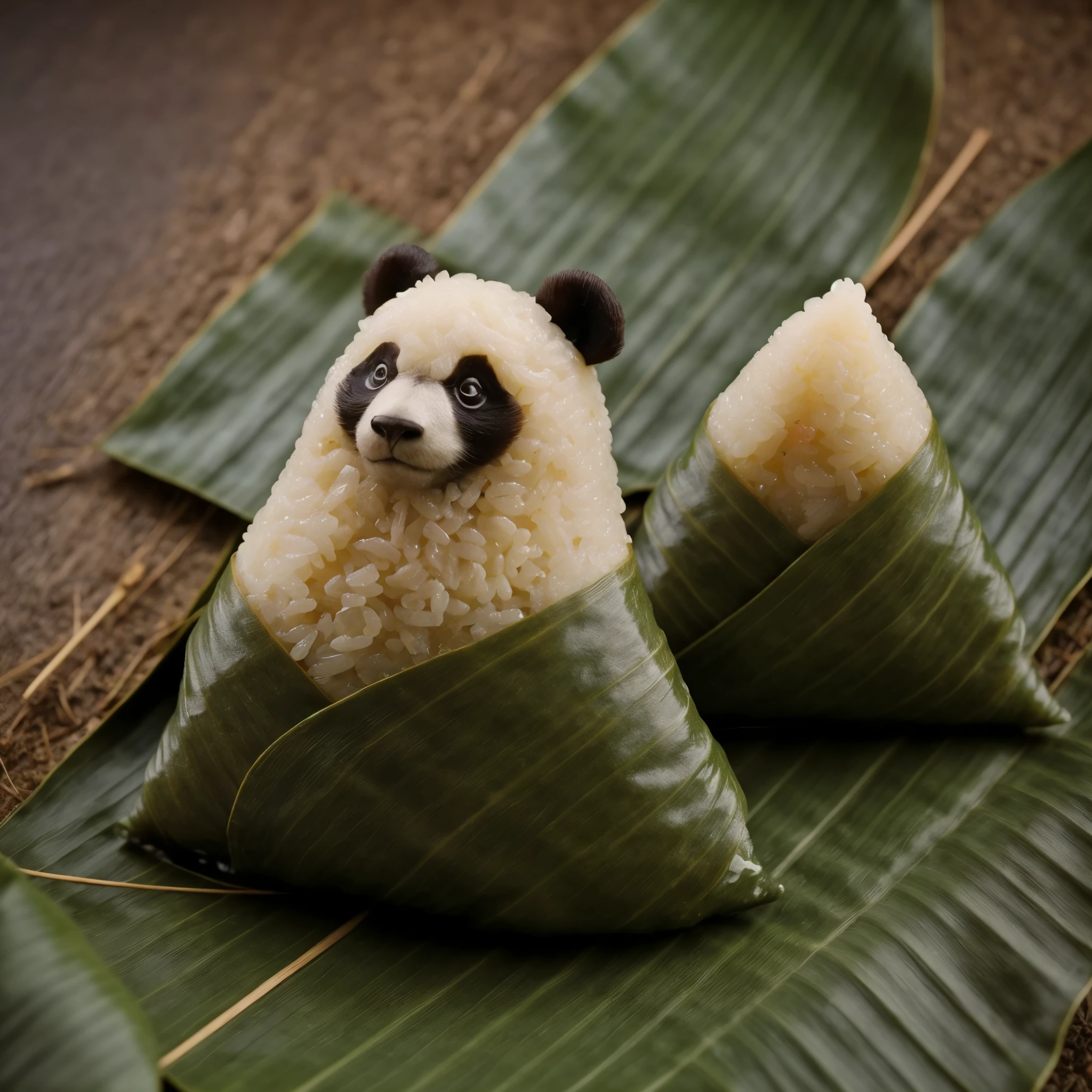 A panda-shaped zongzi, made of glutinous rice, has a cute expression, the lower half of the body is wrapped in tapered leaves, the head sticking out of the leaves, equidistant, cartoon-style, Macro Lens, studio light, nature, soft lighting, film grain, cowboy shot, epiCPhoto