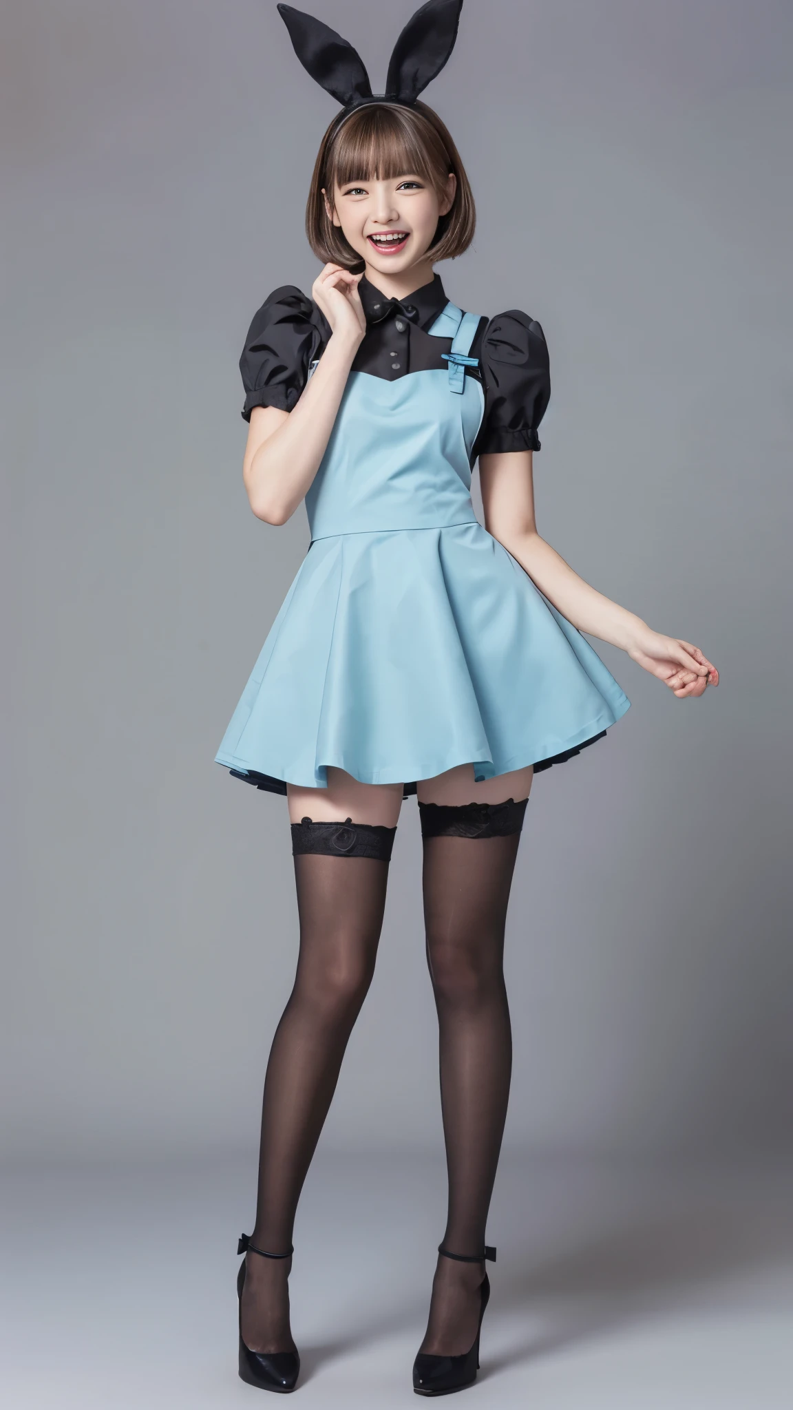 Bunny girl in light blue maid outfit:1.5,wear black tights:1.5,Big Laugh:1.5,Full Body Shot:1.5,Gray background:1.5,Wearing black high heels:1.5,Short cut side wave:1.5,