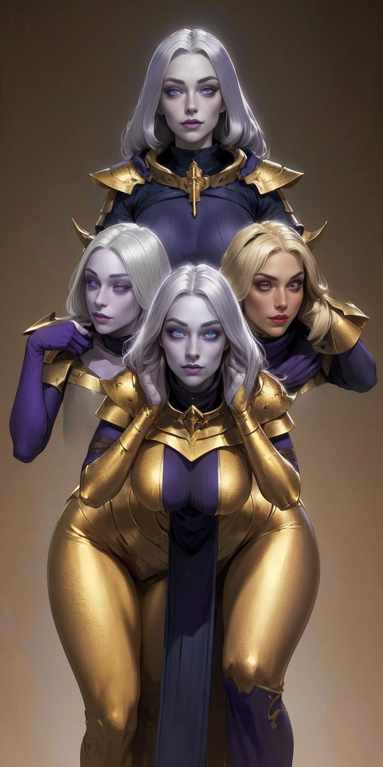 (Triplets)(chest covered)(smile)Gray skin, pale golden hair and violet eyes. They prefer clothing of white and silver with cloaks of deep blue or purple, huge_knockers, ((very precise detailed)) ((high res), Golden bracers (plain background)