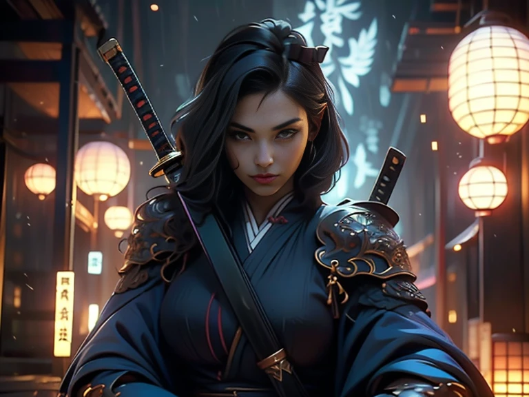 Maid、Female Warrior、日本伝統の着物を着た美しく繊細なMaid、(Holding the Japan sword:1.4)、(Put on Armor:1.4)、(Maidの動きをモーションブラー効果で表現:1.5)、Dark and gloomy temple background at night、(highest quality、4k、8k、High resolution、masterpiece:1.2)、Super detailed、(Real、Photorealistic、Photorealistic:1.37)、詳細なMaid、Dark and moody lighting、Cinematic composition、Highly detailed intricate patterns on kimono、Flowing fabric movement、Dramatic shadows and highlights、A calming color palette、Samurai girl