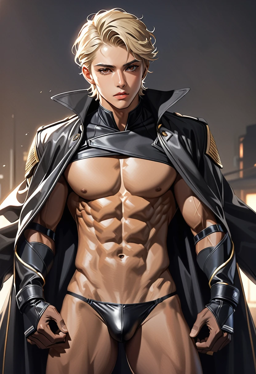 high quality, detailed, Realistic, japanese black boy,(detailed brown eyes), (abs:1.5), (deep dark skin:1.3), (detailed areola), blond short hair, (black tiny thong), (bulge), spread legs, leather collor,