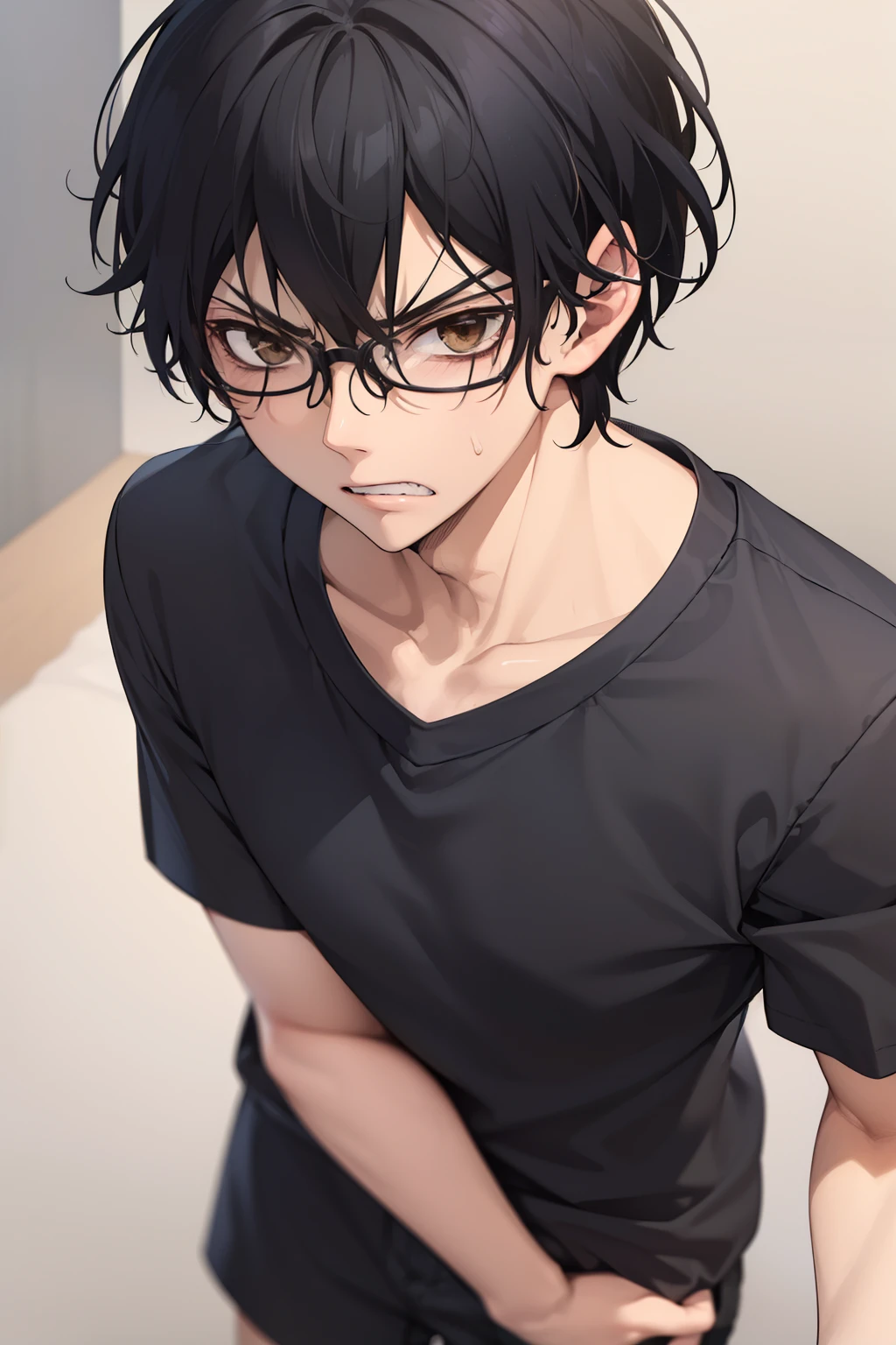 masterpiece, best quality, wallpaper,annoyed expression,visible teeth, standing,Angry expression, very angry,,1boy, solo, depth of field, momo_sakaki, black hair, brown eyes, hair between eyes, black shirt, Short sleeves shirt,black shorts, glasses, 16k resolution,close up photo 