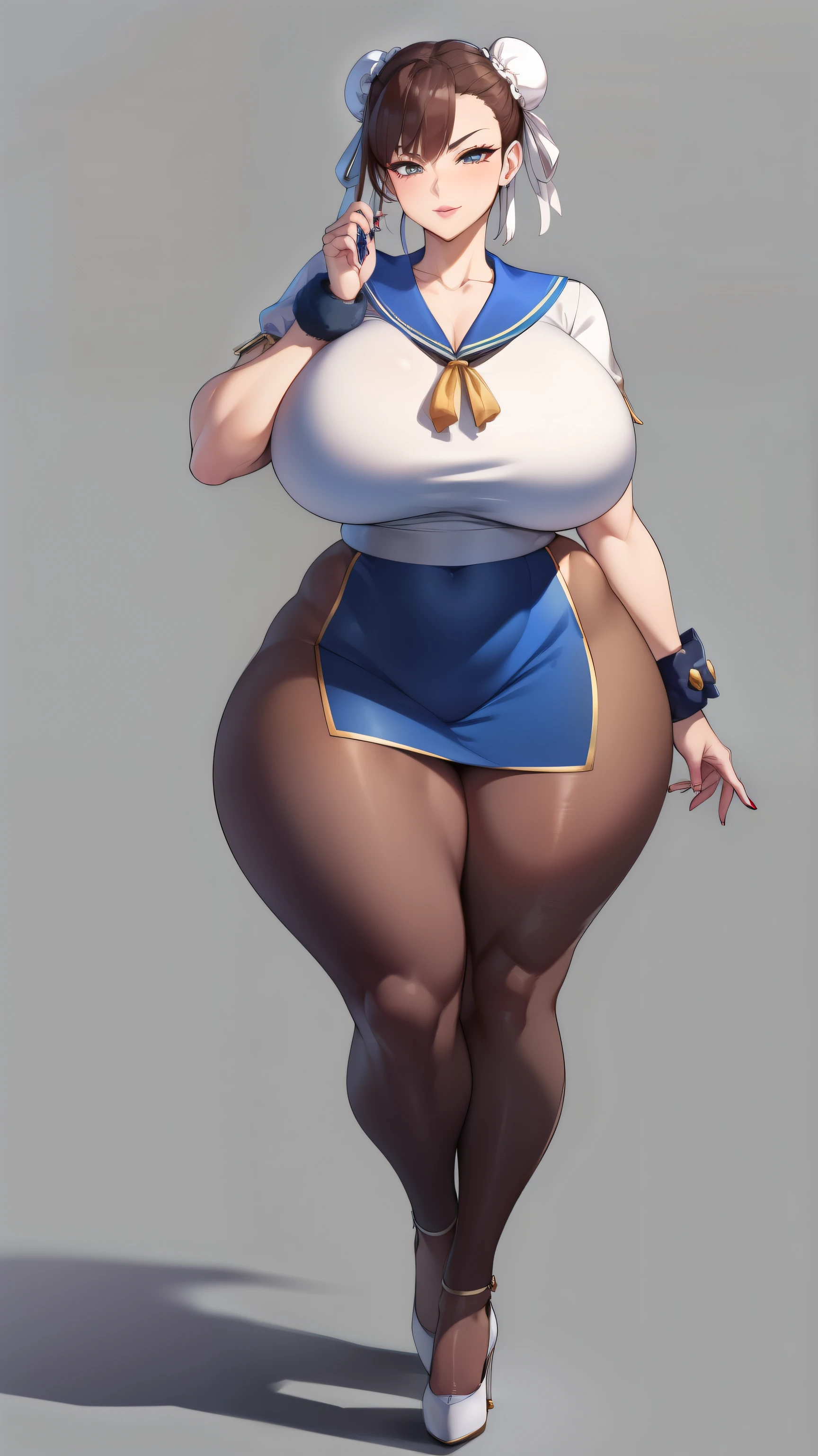 Large Breasts, Big buttocks, full-body shot, Mature mom, Plump thighs, a cow, Seductive mature woman, Perfect body, Plus-size models, Sailor Suit, wear high heel shoes,Mini skirt uniform, Chunli,
