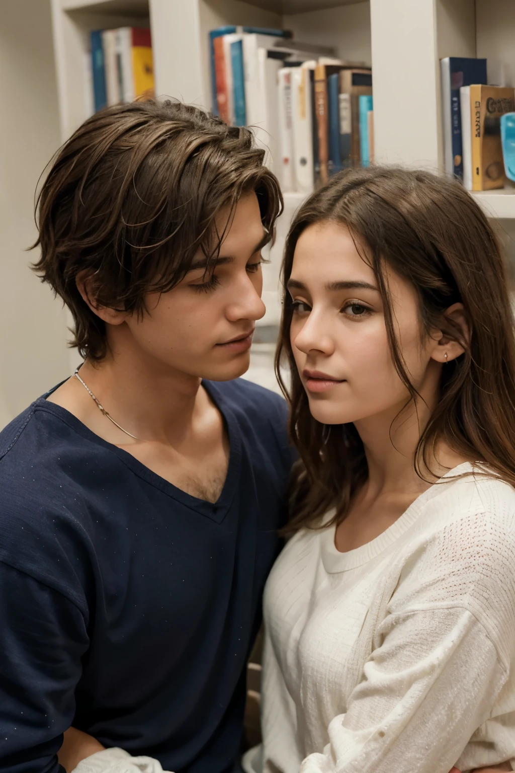 Crea una portada de un libro de una pareja heterosexual adolescente donde la mujer tenga el pelo rizado y largo y el hombre el pelo lacio y medio largo, con el texto de "Lo que nunca se olvida" entre los dos