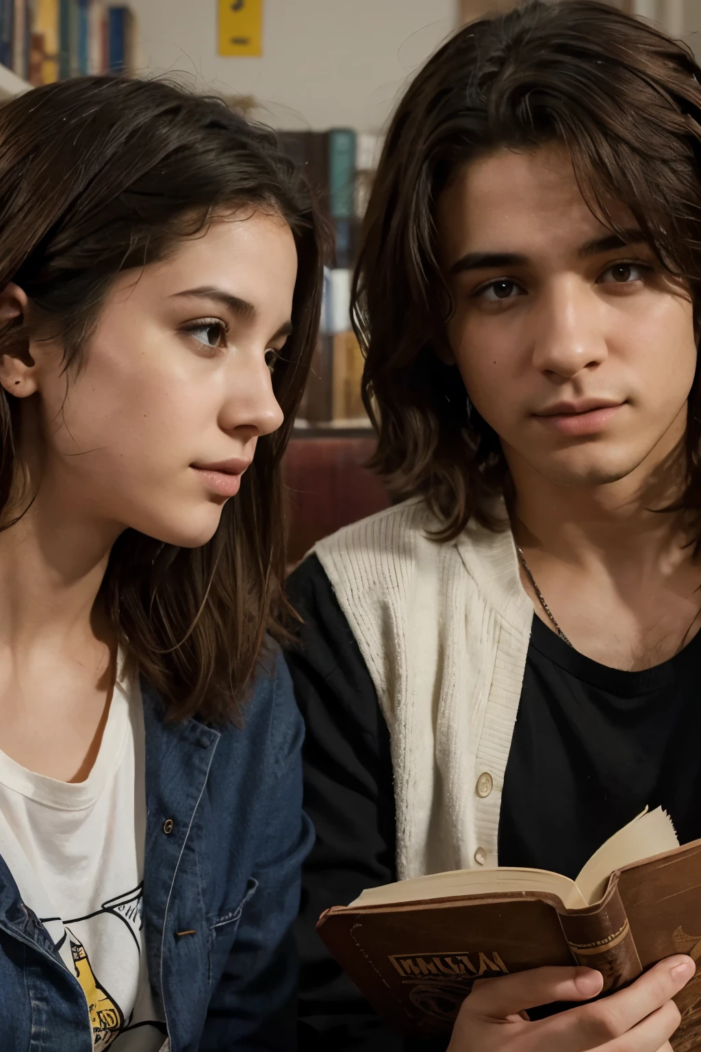 Crea una portada de un libro de una pareja heterosexual adolescente donde la mujer tenga el pelo rizado y largo y el hombre el pelo lacio y medio largo, con el texto de "Lo que nunca se olvida" entre los dos