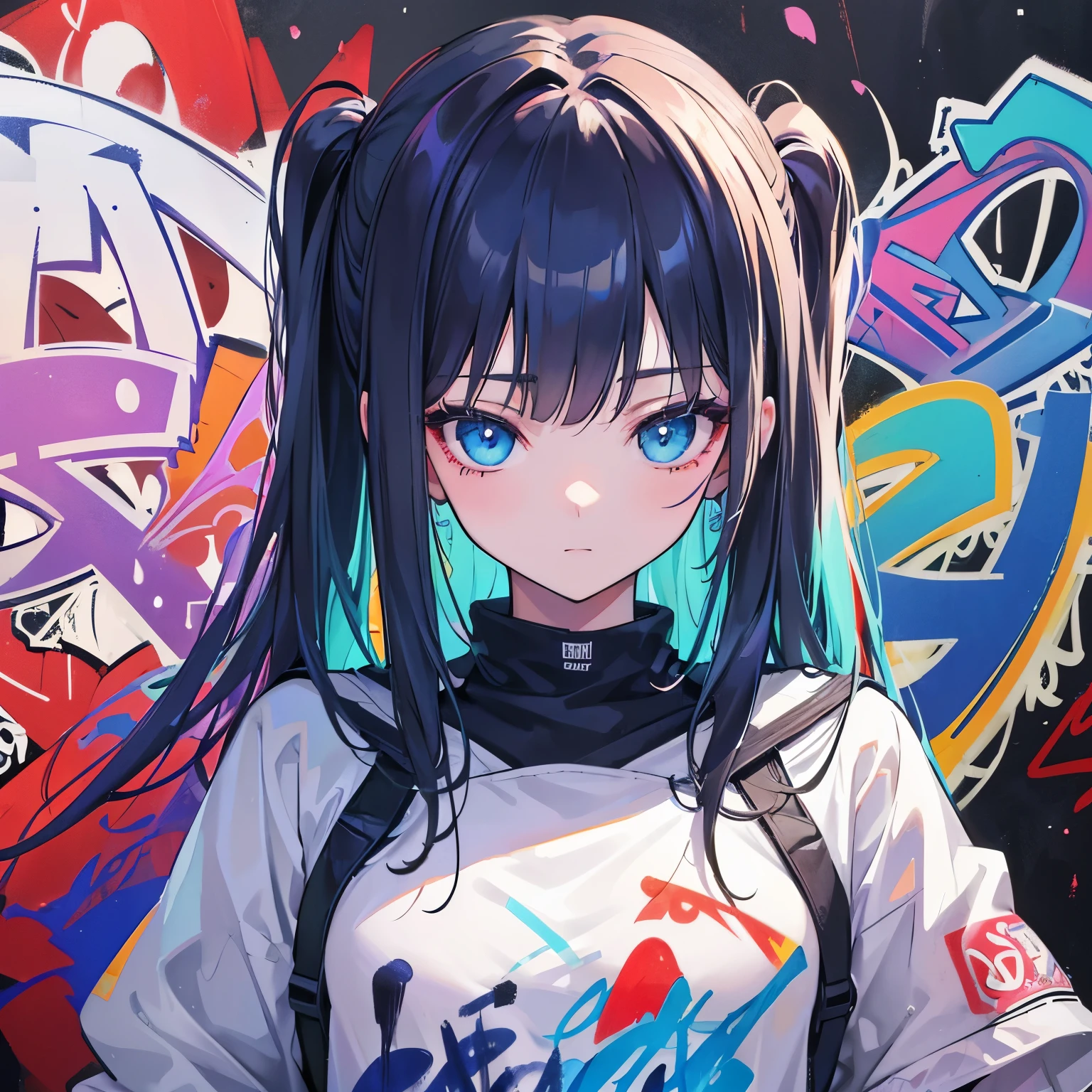 (best quality), masterpiece, extremely detailed CG uniform 8K illustration, high color, extremely high color saturation, all colors deepened, paint, graffiti art, center composition, extremely detailed light and shadow, graffiti wall, wall painted bright, 1 girl graffiti 1 girl looking at the wall, extremely detailed face and eyes, medium length hair, sportswear, colored clouds