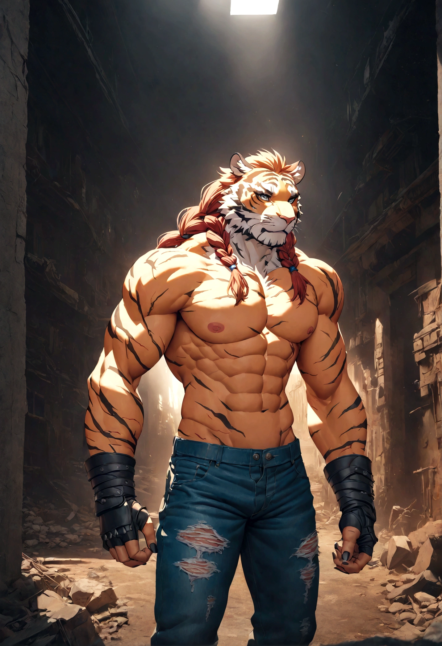 a muscular male furry tiger man, skinny, athletic, wearing leather fingerless gauntlets, long braided dreadlocks, scars and tattoos, tattered jeans, hyper detailed, 8k, photorealistic, dramatic lighting, cinematic composition, dark moody atmosphere, warm color palette