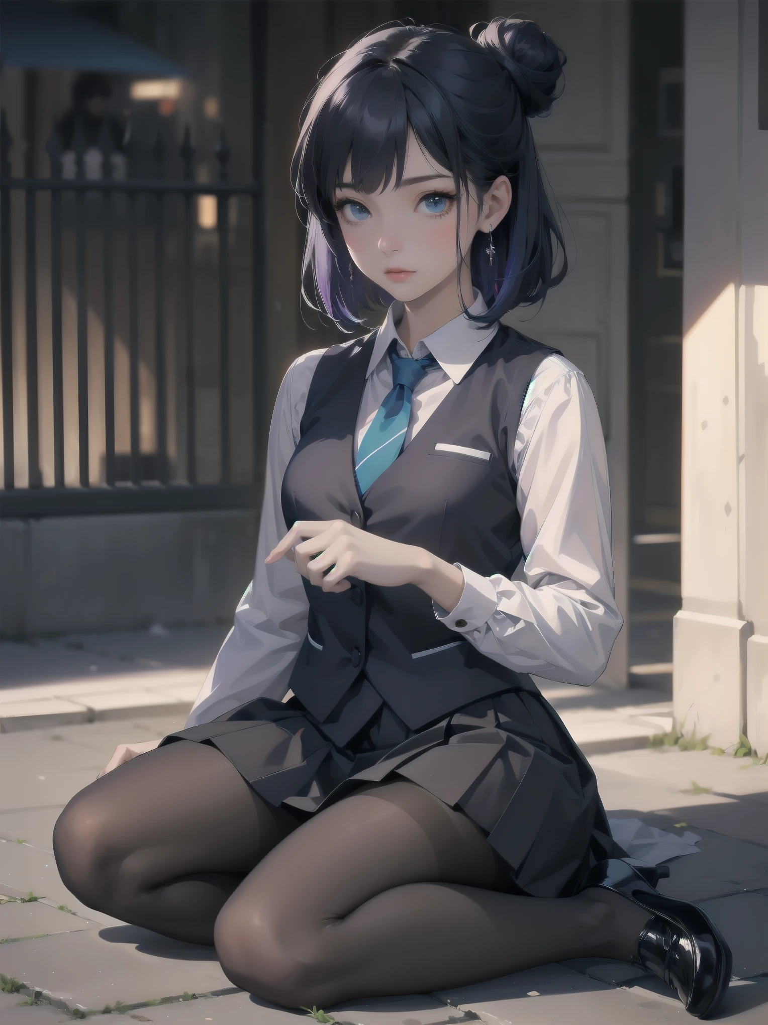 Masterpiece, high quality, high resolution, perfect face, realistic skin texture, young girl, alone, solo, lolita, chibi, feminine fashion, focused gaze, bangs, skirt, long sleeves, uniform, full body, black pantyhose, outdoor, shoes, seraphook, bangs, blurred, stylish skirt, Black pantyhose, hair in a bun, unusual nostalgic view of the world, fine cobblestones, distant background, artistic shading, best illustration of a beautiful woman, resting head, girl making a mocking gesture, movie scene, expressive actor
Blake.

akane kurokawa, 1girl, short hair, blue hair, green eyes, black hair, medium hair, white shirt, collared shirt, , vest, white shirt, sweater vest, black vest, blue necktie, one-length bob, create bangs, add some lightness to the area around the face, and leave the ends of the hair thick throughout. dark blue-purple hair, blue eyes,anime,girl,